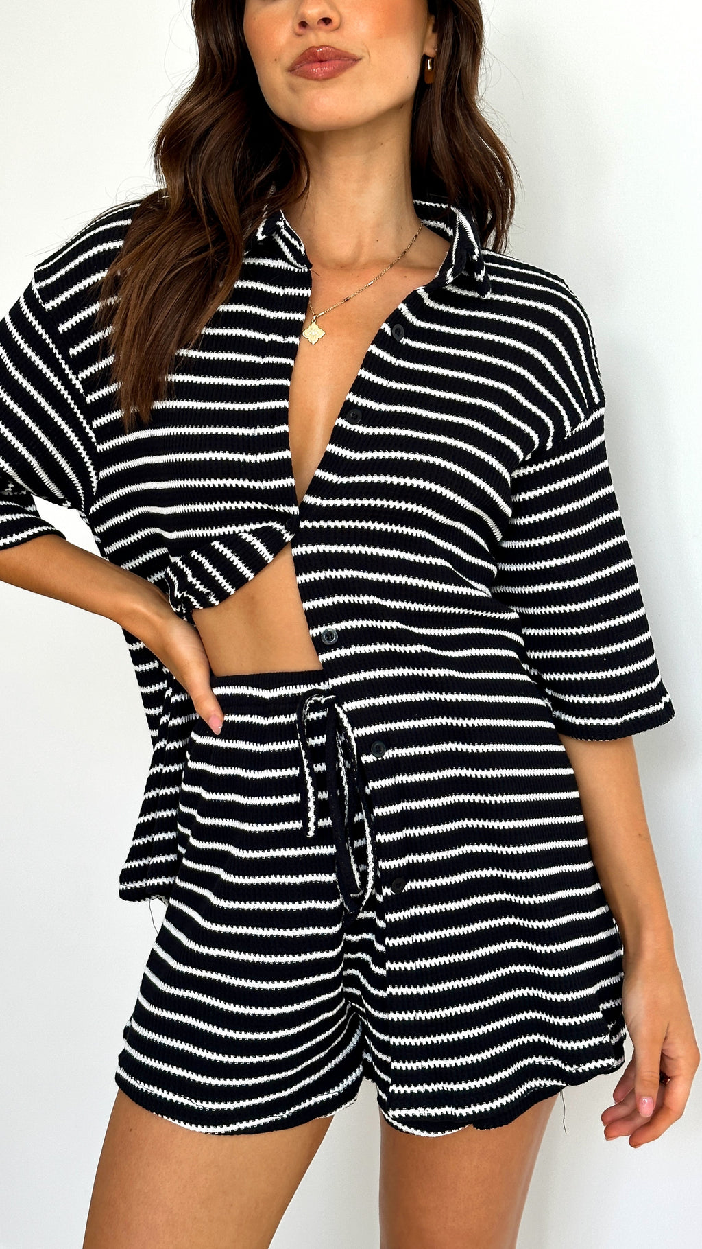 Lacole Button Up Shirt and Shorts Set - Black / White Stripe - Billy J