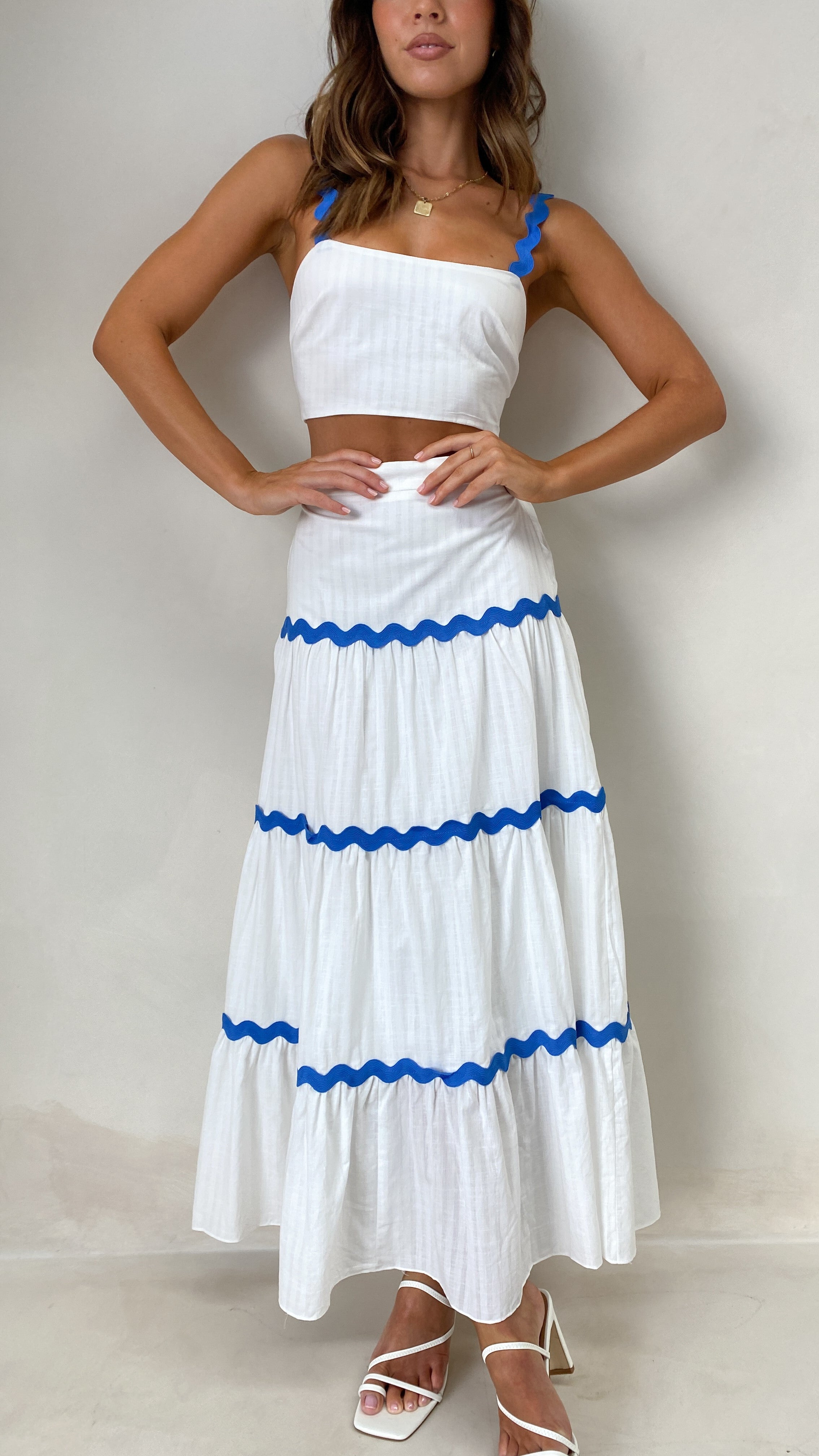 Lys Top and Maxi Skirt Set - White / Blue - Billy J