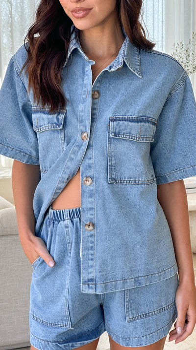 Load image into Gallery viewer, Loretta Button Up and Shorts Set - Light Blue Denim - Billy J
