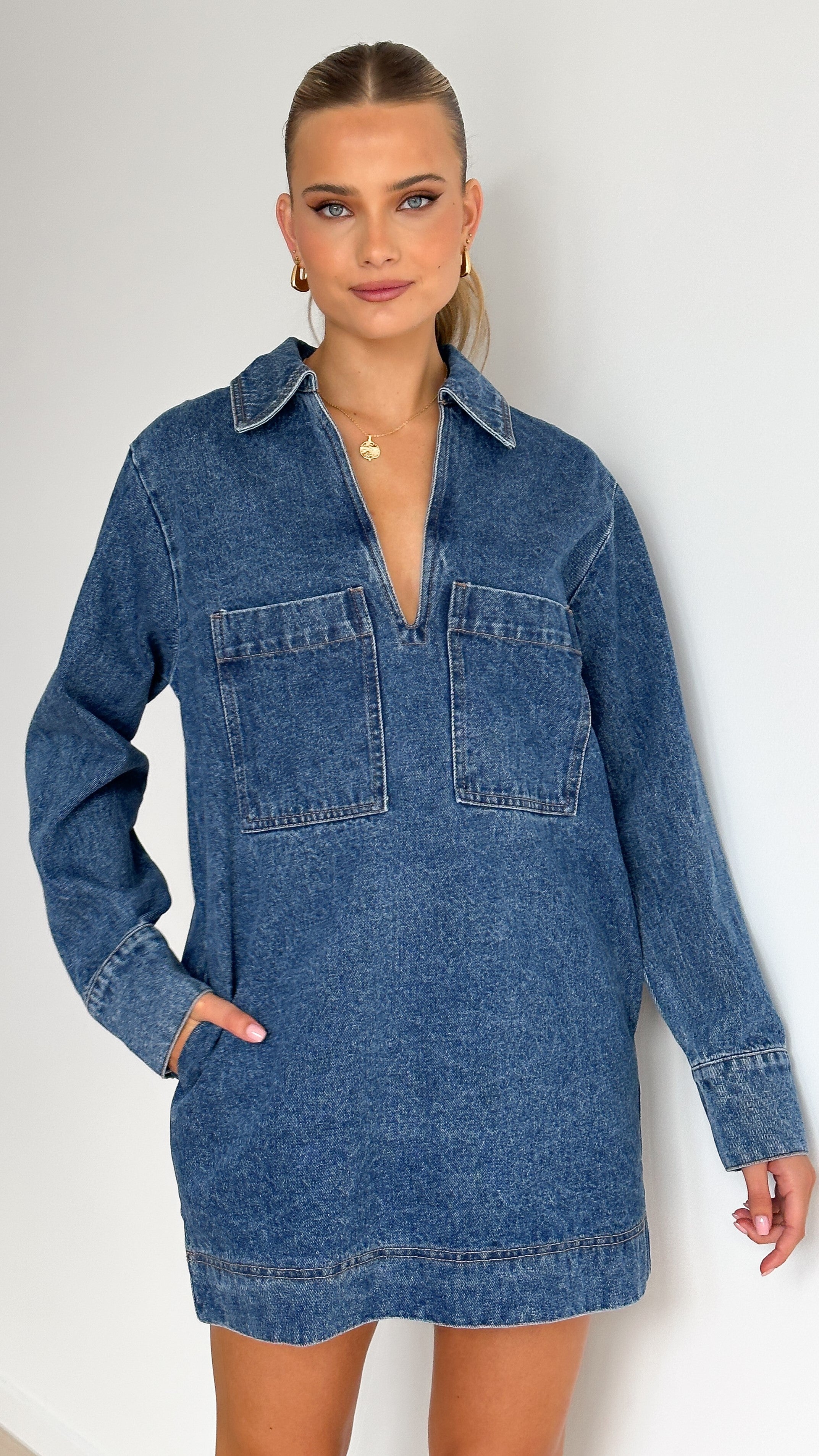 Tara Long Sleeve Mini Dress - Denim - Billy J