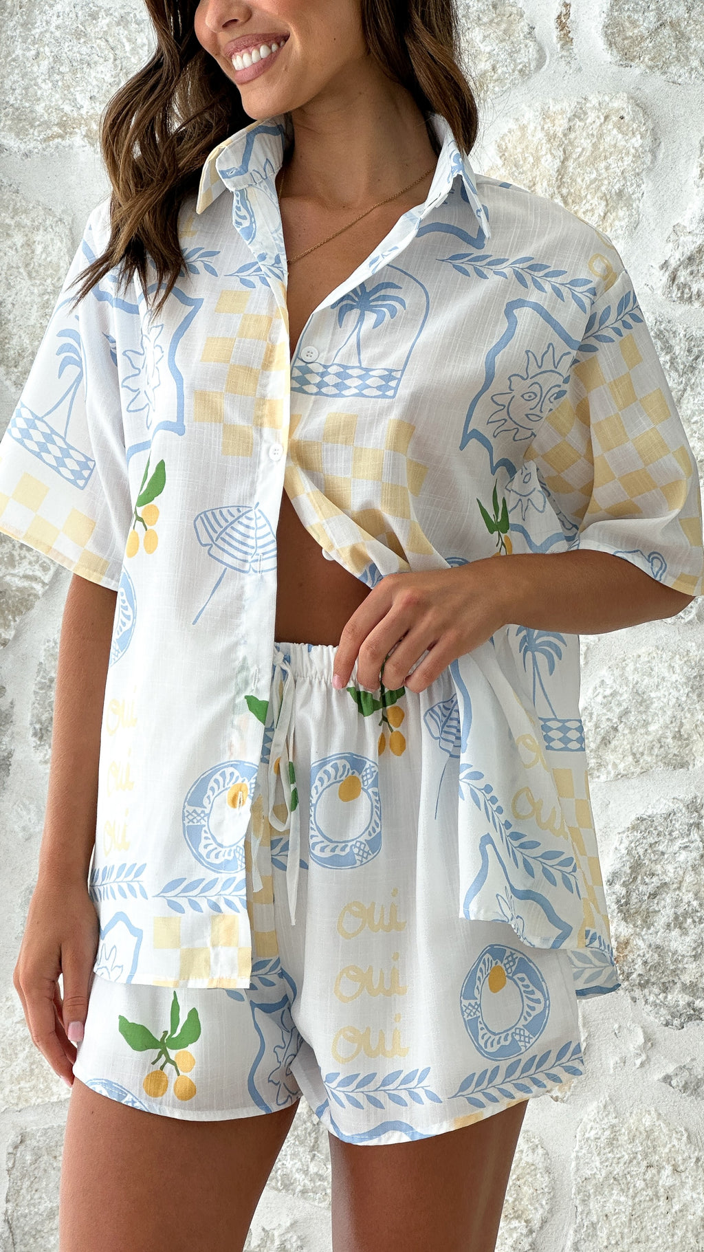 Charli Button Up Shirt and Shorts Set - Blue / Yellow Holiday Print - Billy J