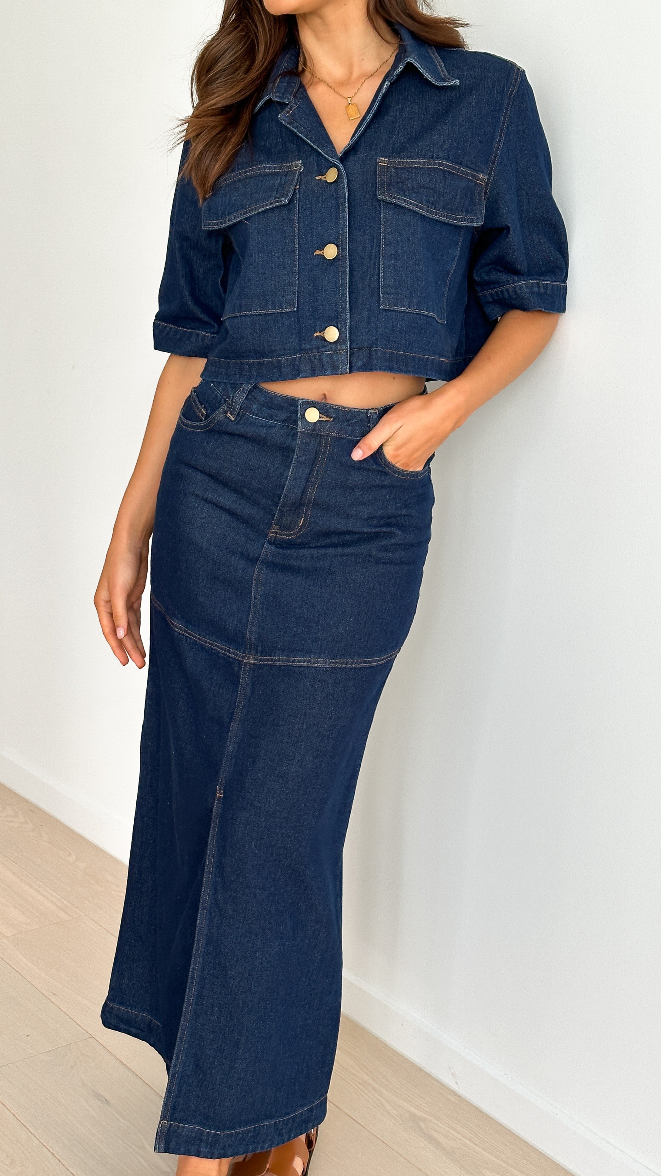 Kaili Button Up Cropped Shirt - Indigo Denim - Billy J