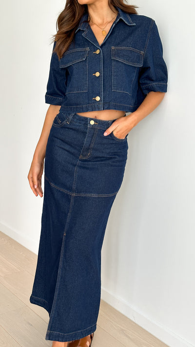 Load image into Gallery viewer, Kaili Button Up Cropped Shirt - Indigo Denim - Billy J
