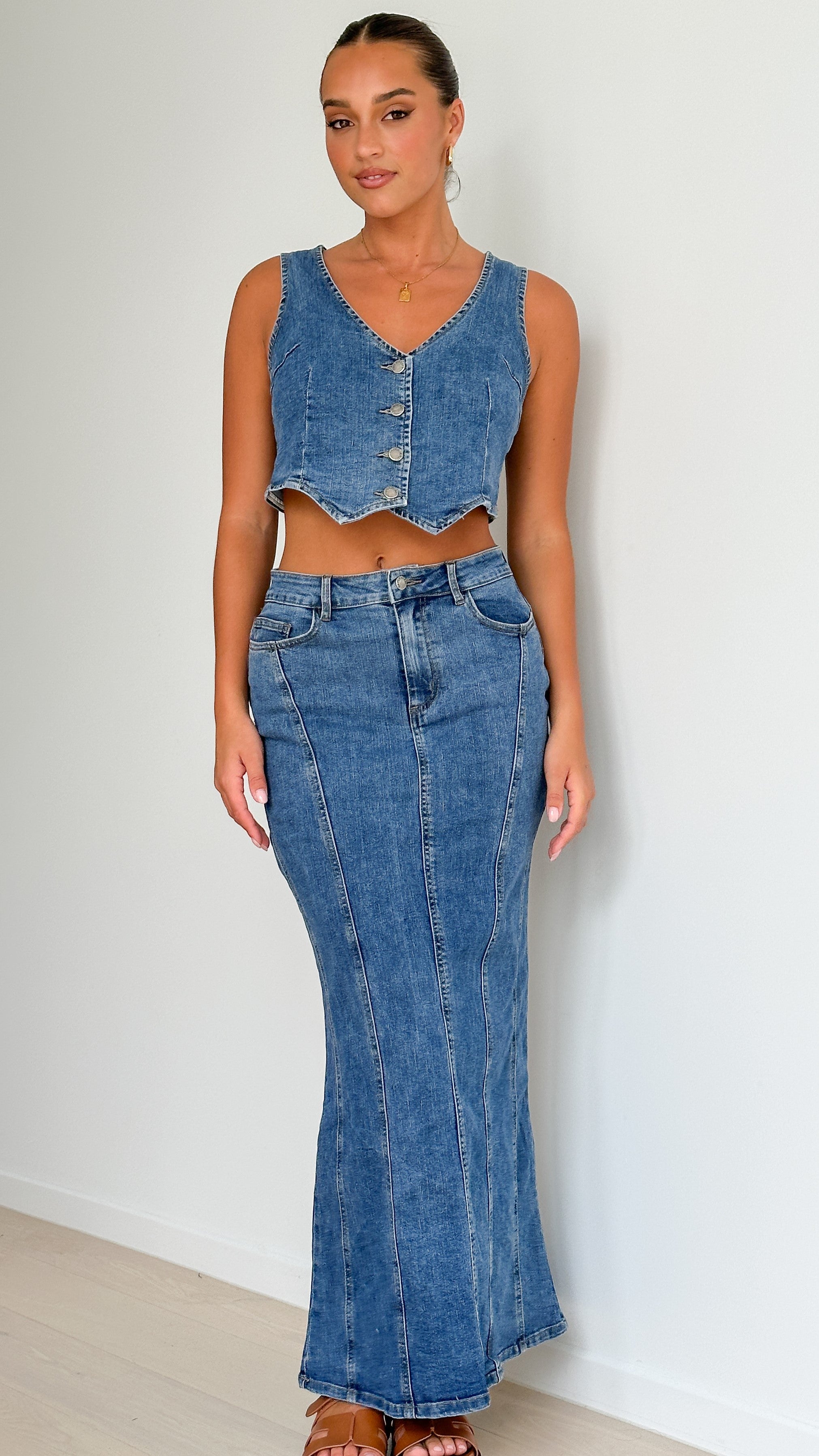 Penelope Denim Maxi Skirt - Mid Wash - Billy J