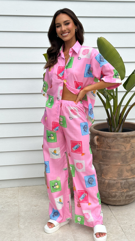 Kourt Button Up Shirt and Pants Set - Pink Stamps Set - Billy J