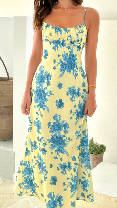 Load image into Gallery viewer, Margie Midi Dress - Yellow / Blue Floral - Billy J
