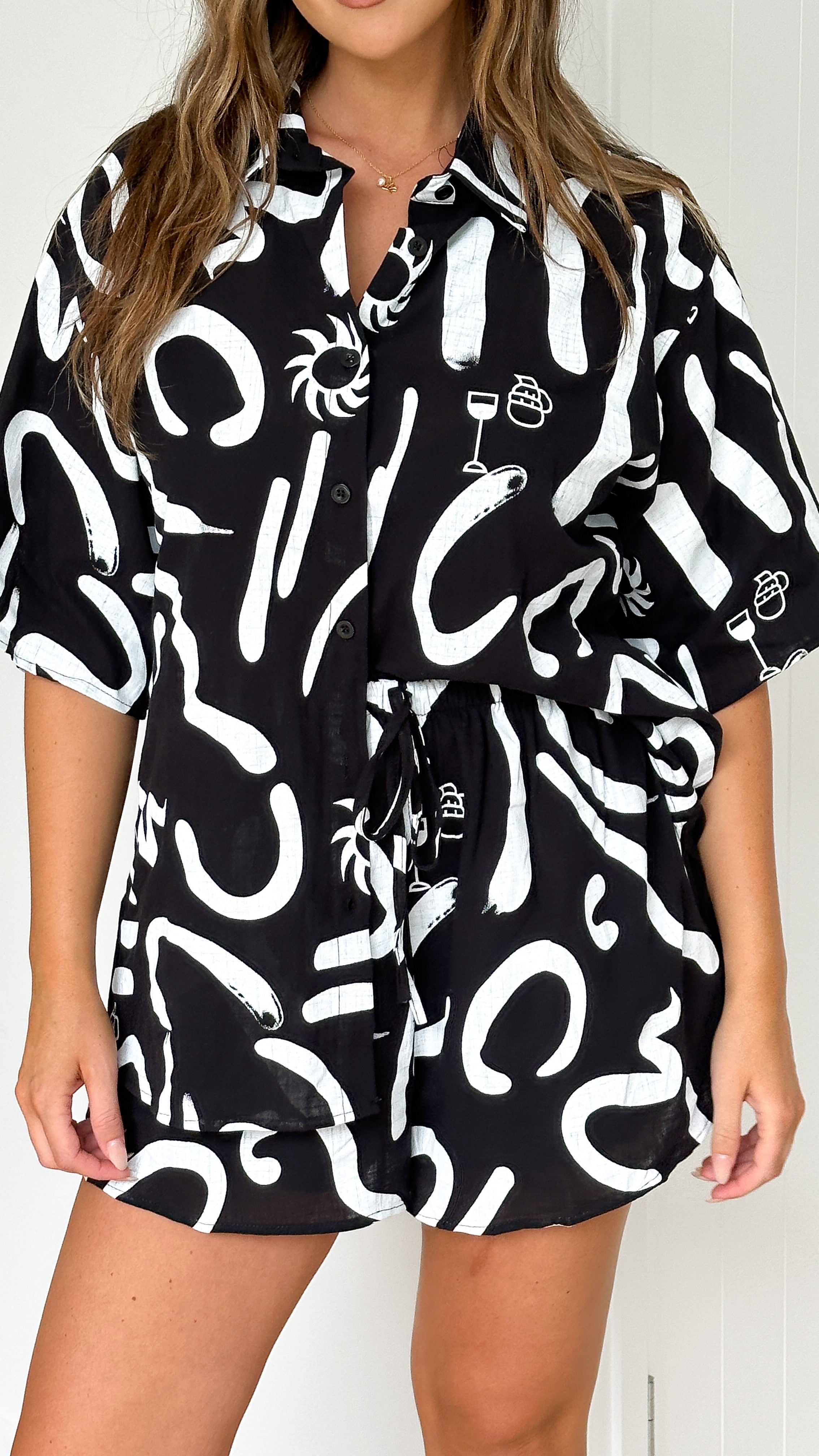 Charli Button Up Shirt and Shorts Set - Black/White - Billy J