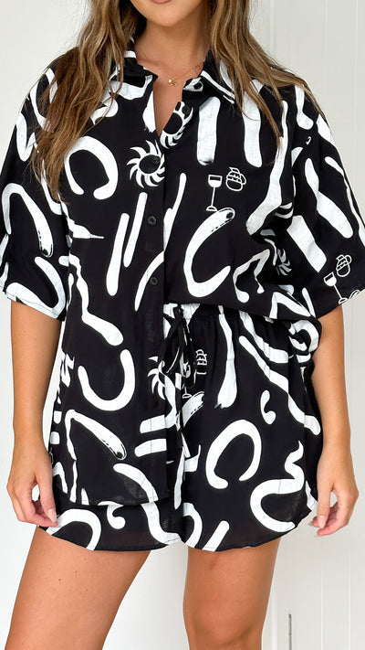 Load image into Gallery viewer, Charli Button Up Shirt and Shorts Set - Black/White - Billy J
