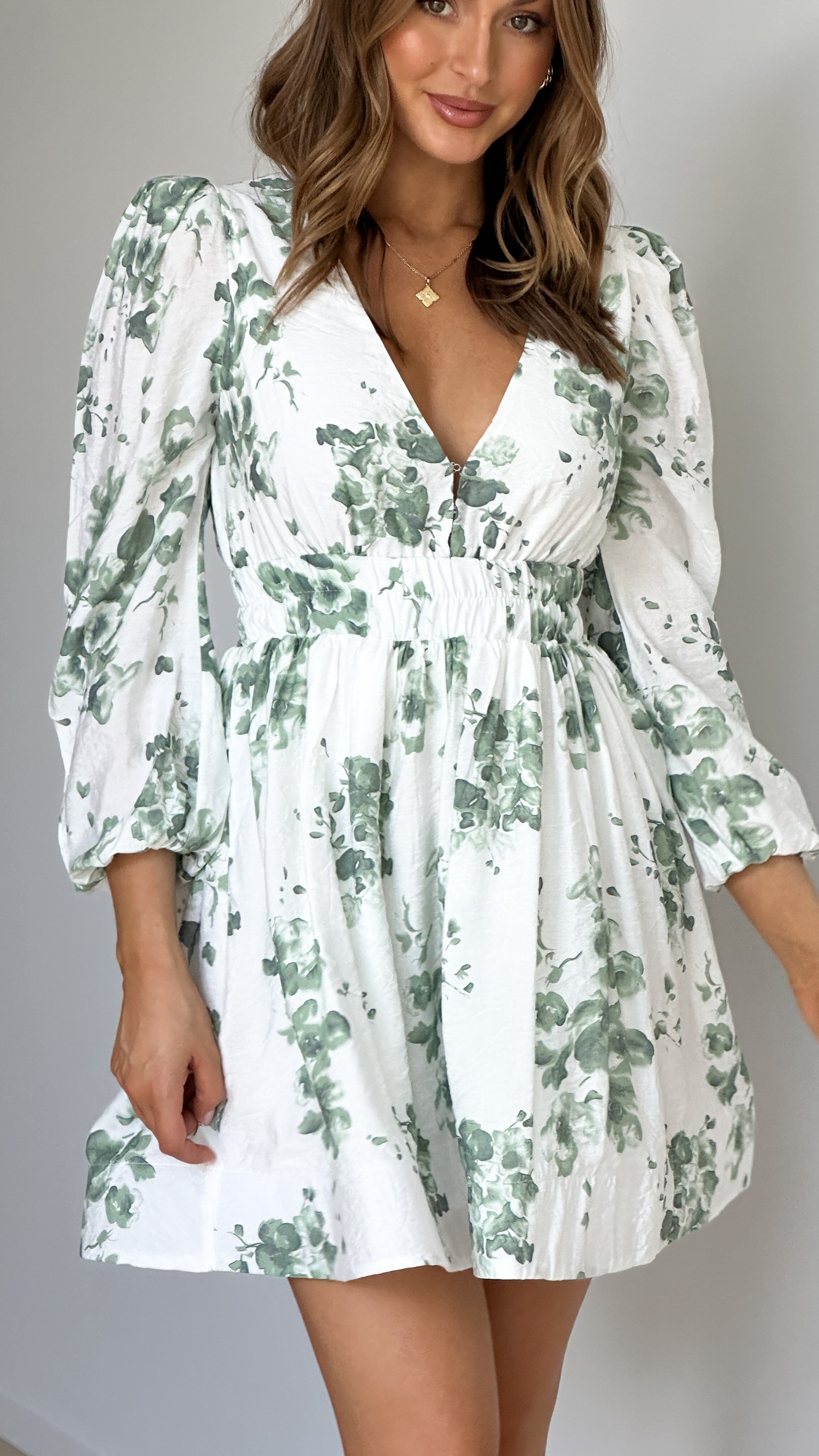 Charlotte Mini Dress - Green/White Floral - Billy J