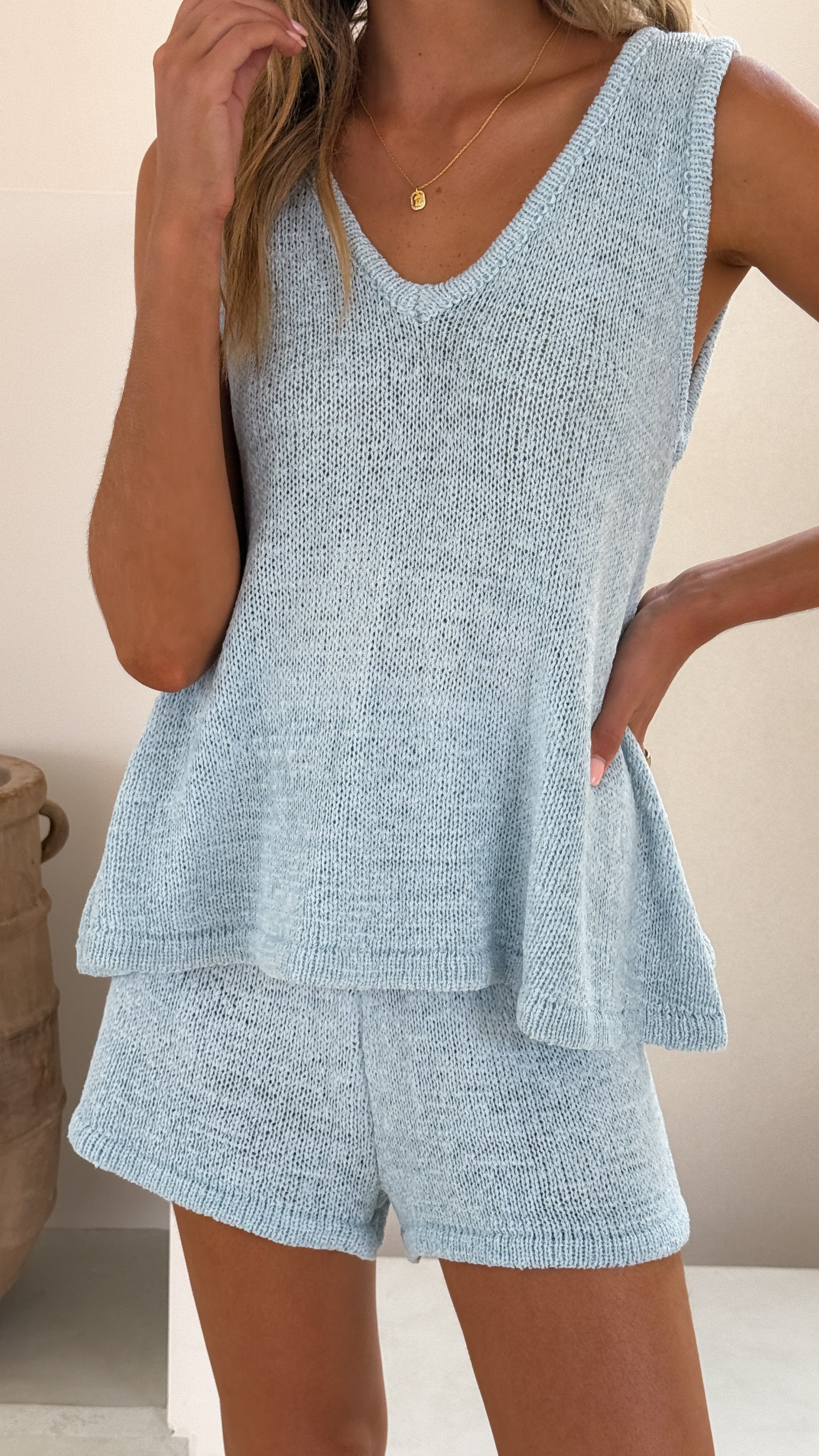 Summer Knit Top and Shorts Set - Light Blue - Billy J