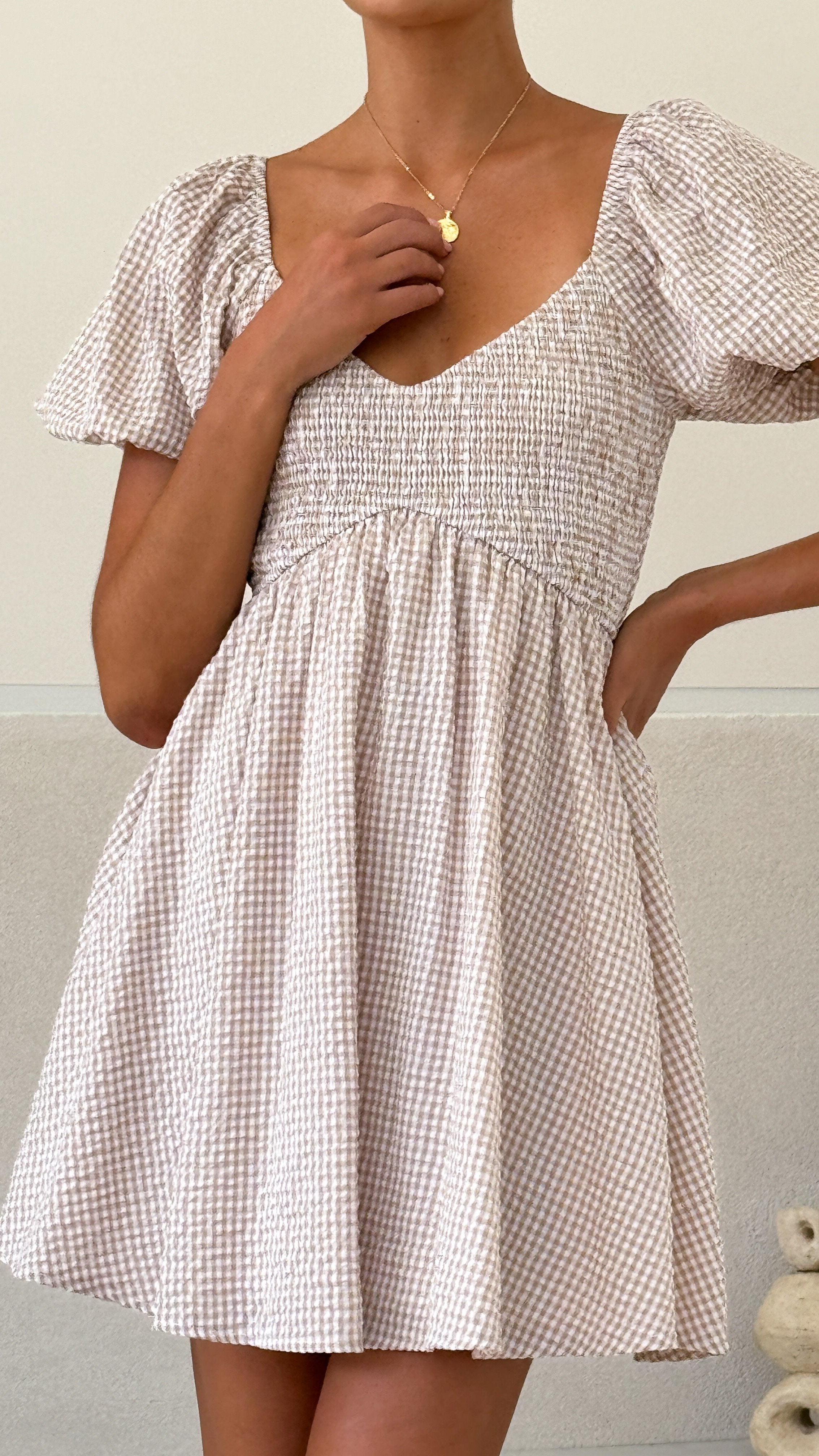 Sahirah Mini Dress - Beige / White Gingham - Billy J