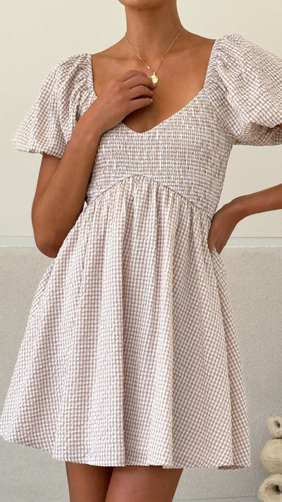 Load image into Gallery viewer, Sahirah Mini Dress - Beige / White Gingham - Billy J
