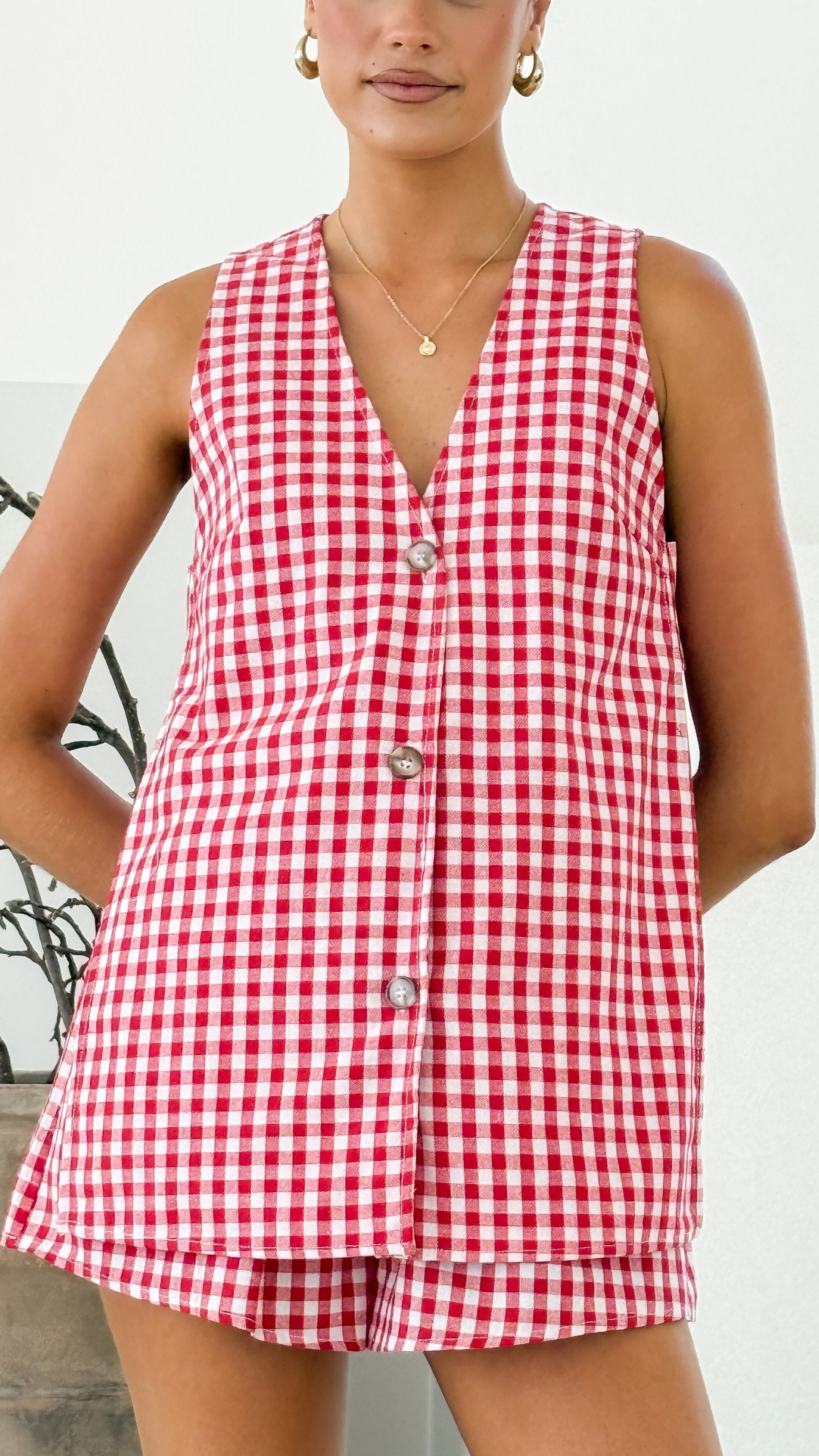 Hayley Vest and Shorts Set - Red Gingham - Billy J