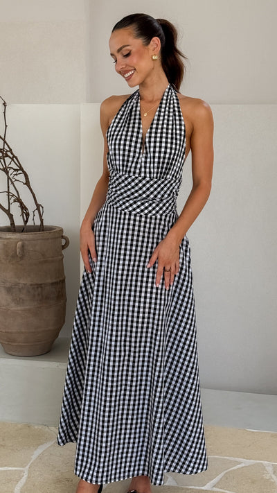 Load image into Gallery viewer, Brydie Halter Maxi Dress - Gingham Black - Billy J
