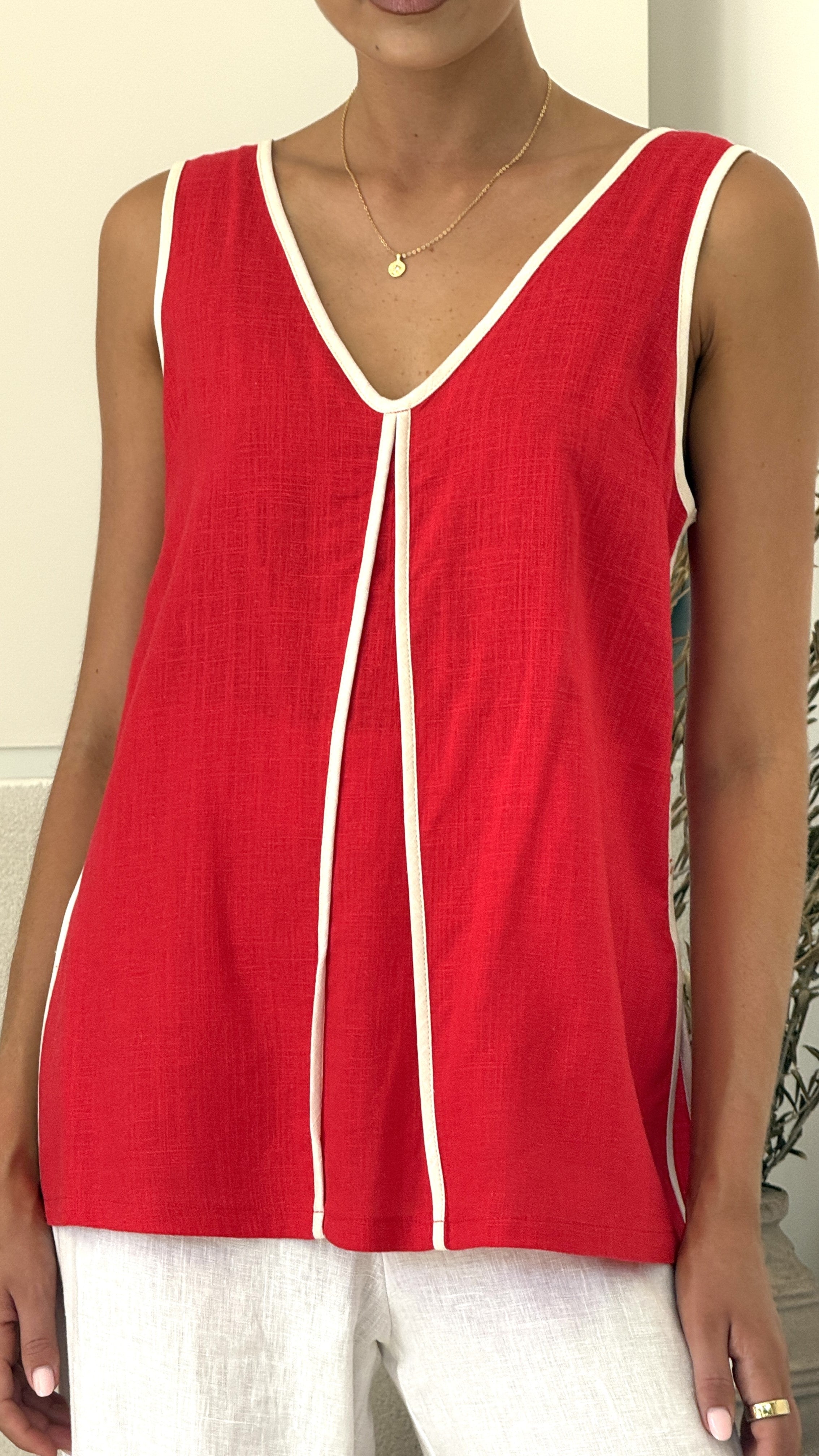 Loren V Neck Sleeveless Top - Red/White - Billy J