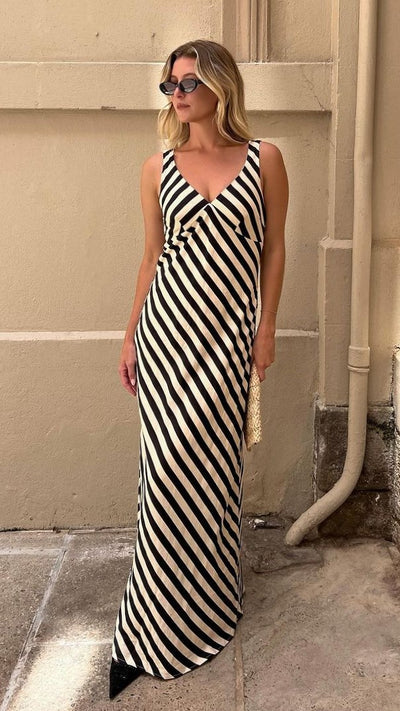 Load image into Gallery viewer, Ellery Maxi Dress - Black/Beige Stripe - Billy J
