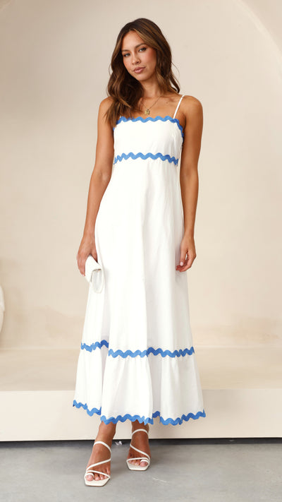 Load image into Gallery viewer, Brodey Midi Dress - White / Blue - Billy J
