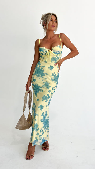 Load image into Gallery viewer, Electra Maxi Dress - Yellow/Blue Floral - Billy J
