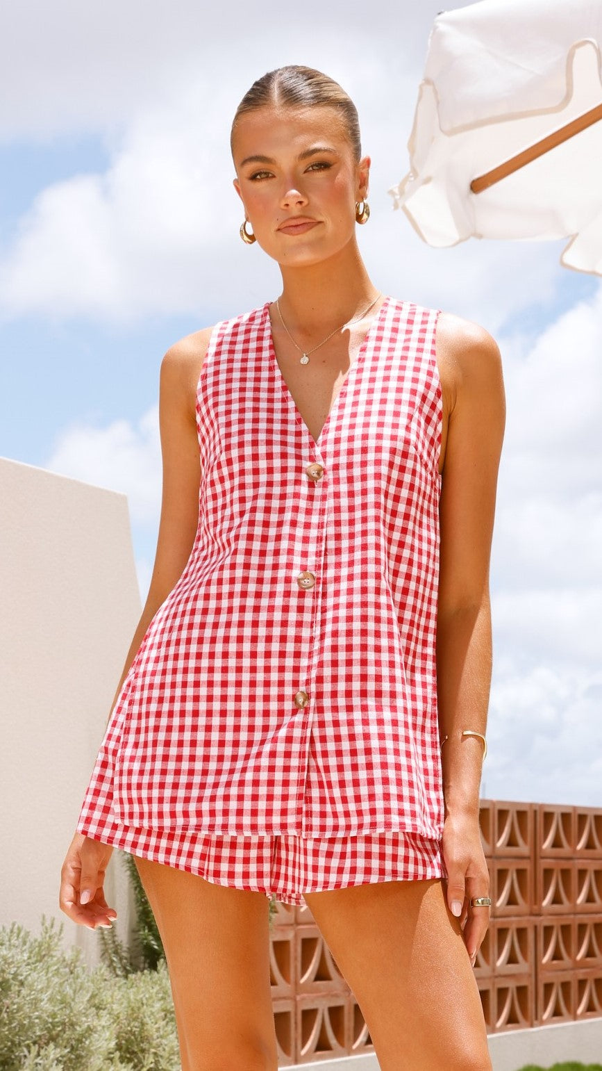 Hayley Vest and Shorts Set - Red Gingham - Billy J