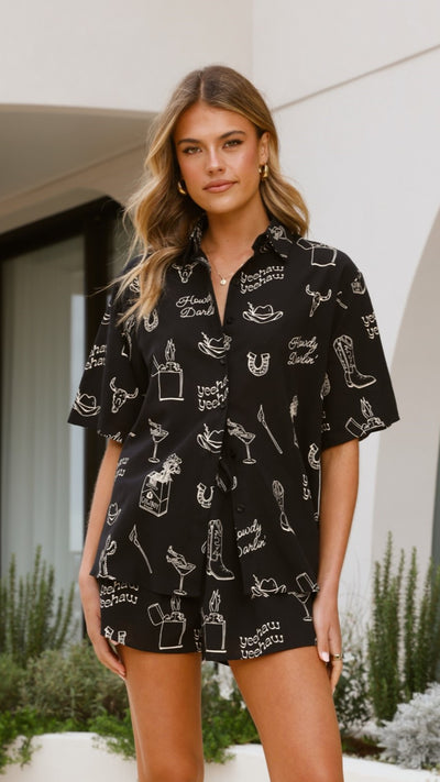 Load image into Gallery viewer, Charli Button Up Shirt and Shorts Set - Black/Beige Cowboy Print - Billy J
