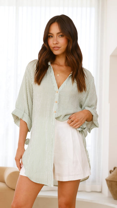 Load image into Gallery viewer, Lucia Shirt - Sage/White Stripe - Billy J
