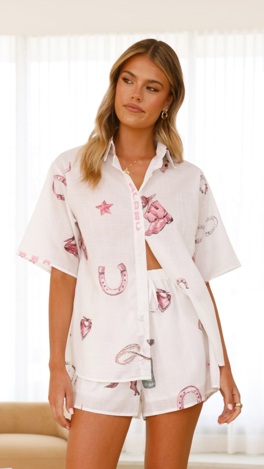 Rodeo Button Up Shirt and Shorts Set - White - Billy J