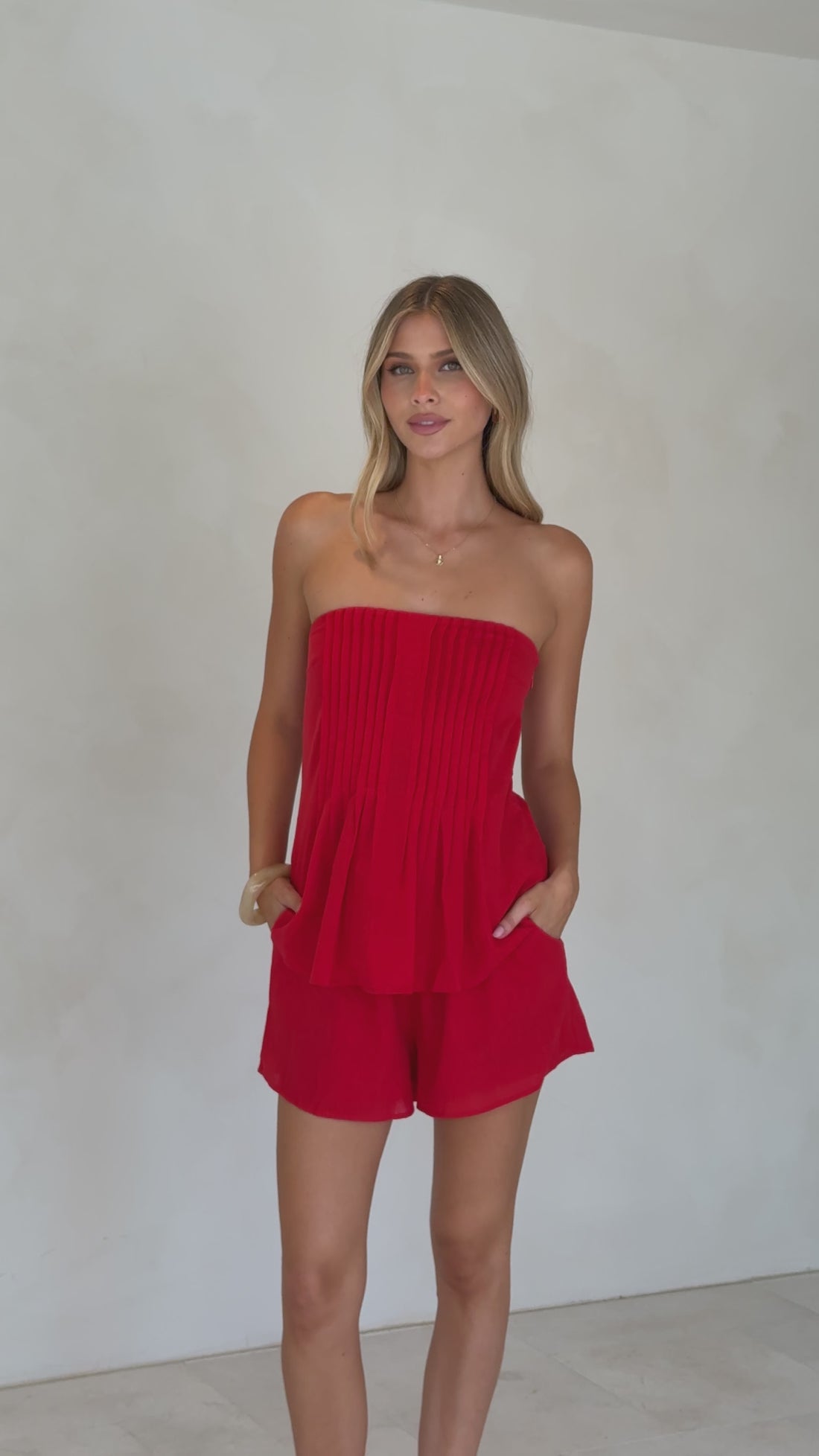 Sharni Strapless Pleat Top and Shorts Set - Red - Billy J