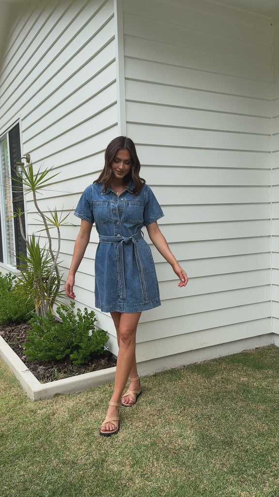 Achaia Denim Button Up Mini Dress - Dark Blue - Billy J