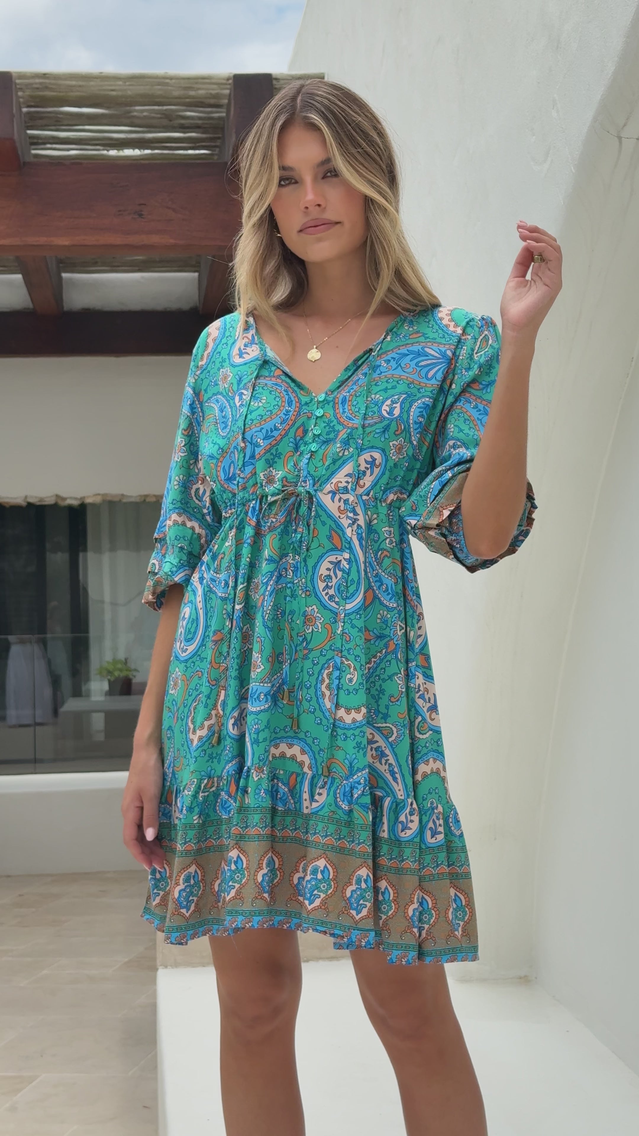 Fields Mini Dress - Green Print - Billy J