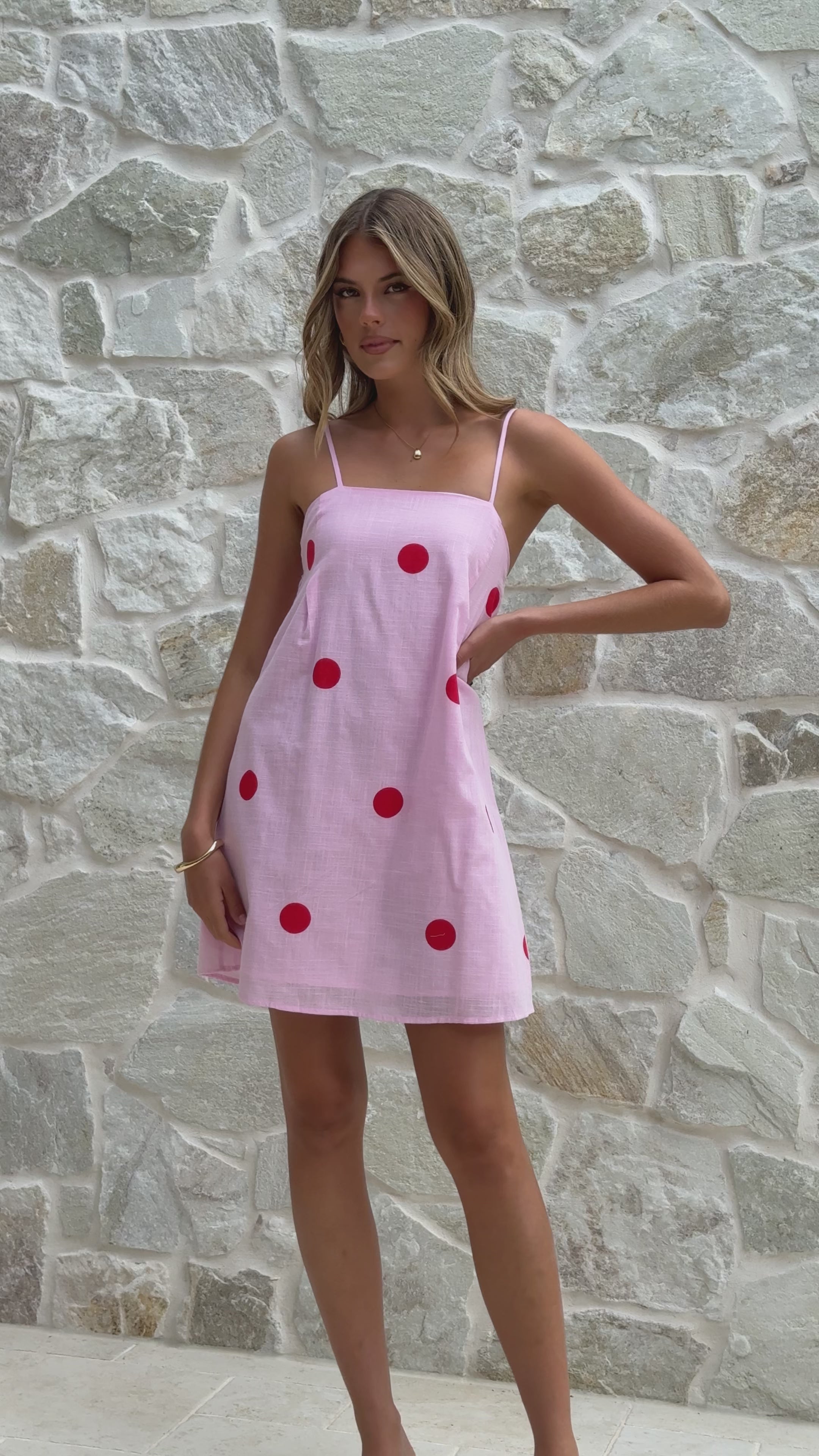 Load video: Bethani Mini Dress - Pink Red Polka - Billy J