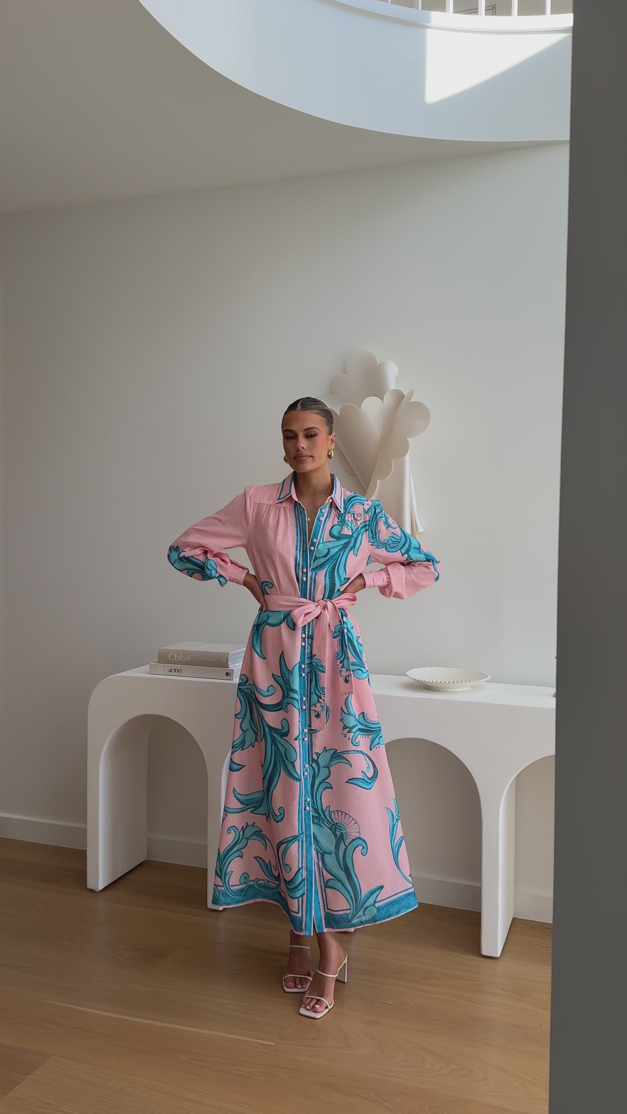 Load video: Lucia Long Sleeve Maxi Dress - Aqua/Pink Print - Billy J