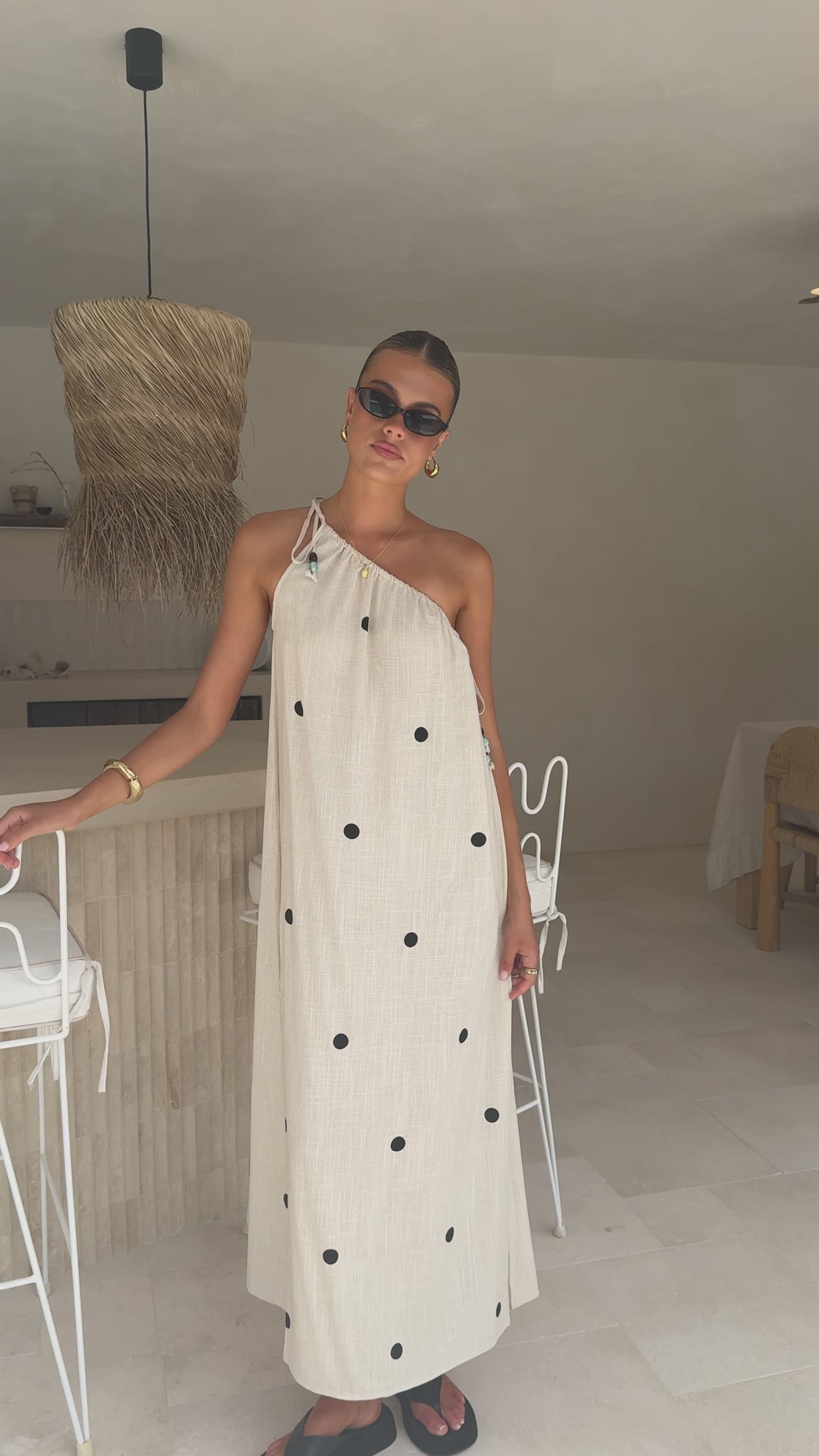 Load video: Nasira One Shoulder Maxi Dress - Oat/Black Polka Dot - Billy J