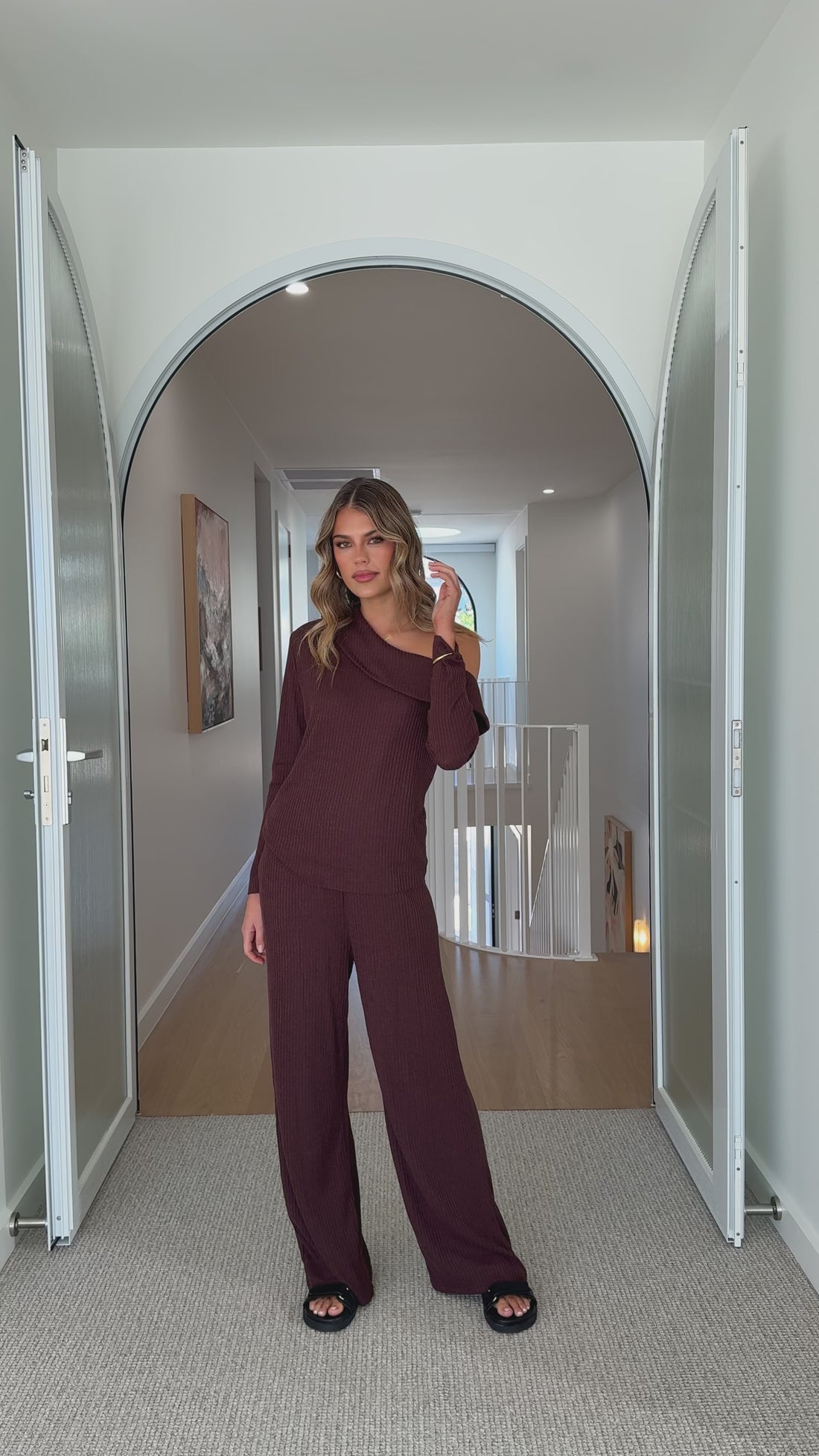 Harini Off Shoulder Long Sleeve Top and Pants Set - Chocolate - Billy J