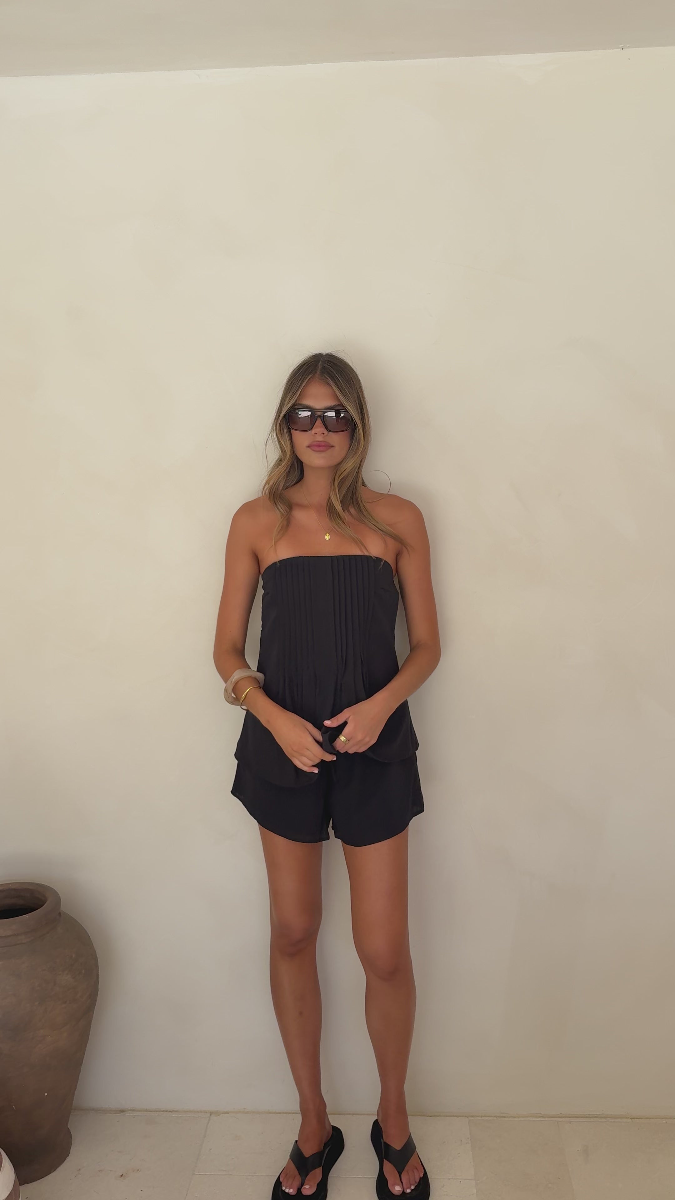 Load video: Sharni Strapless Pleat Top and Shorts Set - Black - Billy J