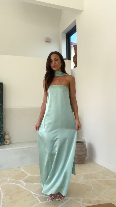 Load and play video in Gallery viewer, Caitie Strapless Scarf Maxi Dress - Sage - Billy J
