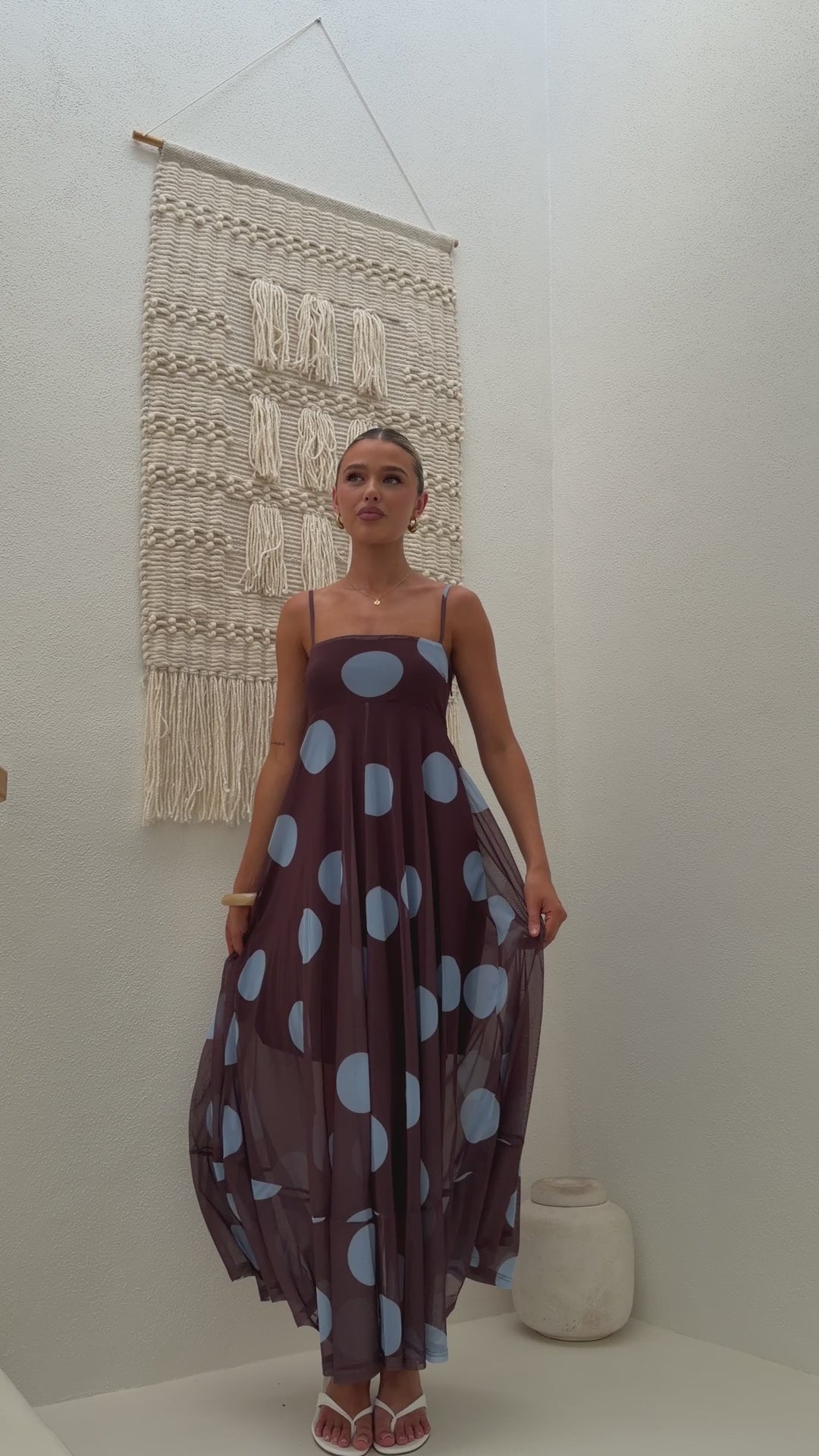Load video: Melinda Mesh Maxi Dress - Brown / Blue Polka Dot - Billy J
