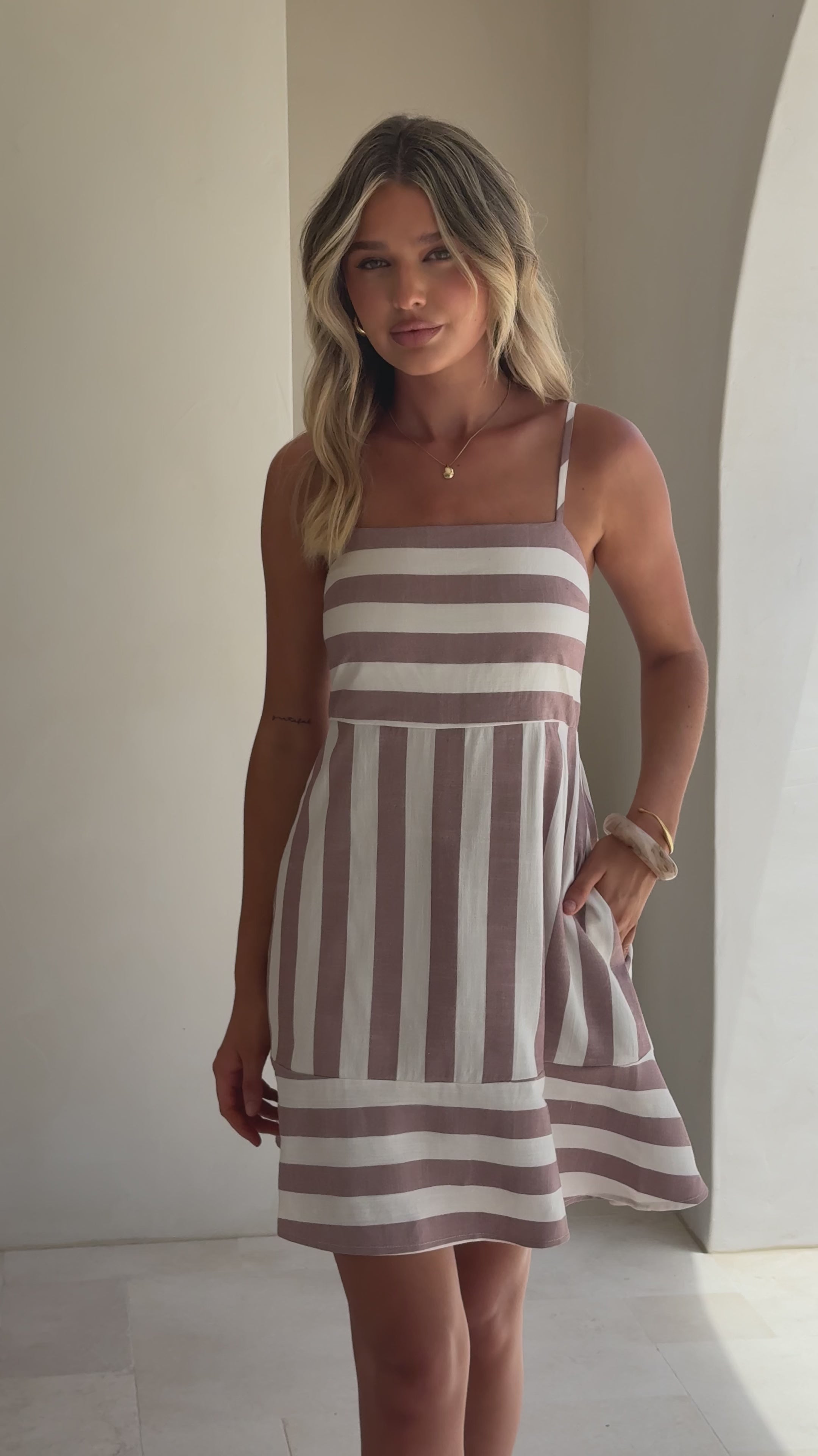 Load video: Baylee Mini Dress - Chocolate Stripe - Billy J