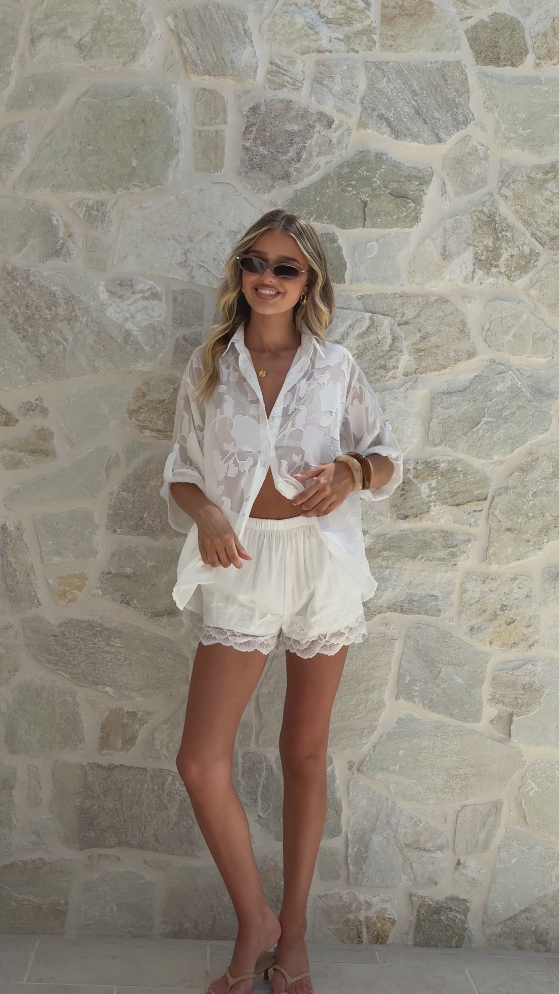 Zeta Button Up Long Sleeve Shirt and Shorts Set - White Lace - Billy J