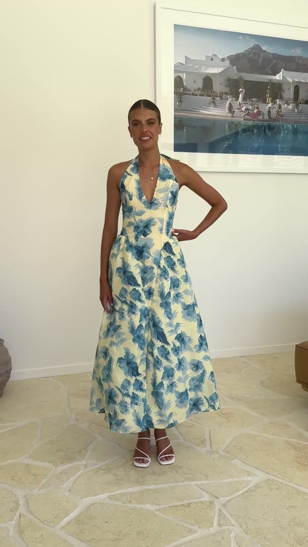 Bryony Halter Neck Maxi Dress - Yellow/Blue Floral - Billy J