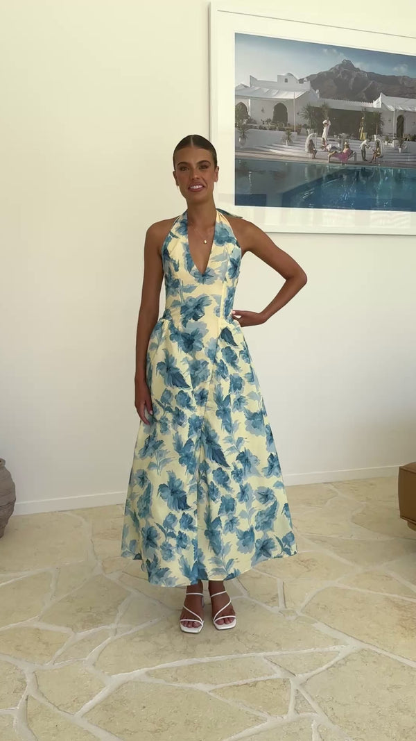Bryony Halter Neck Maxi Dress - Yellow/Blue Floral - Billy J