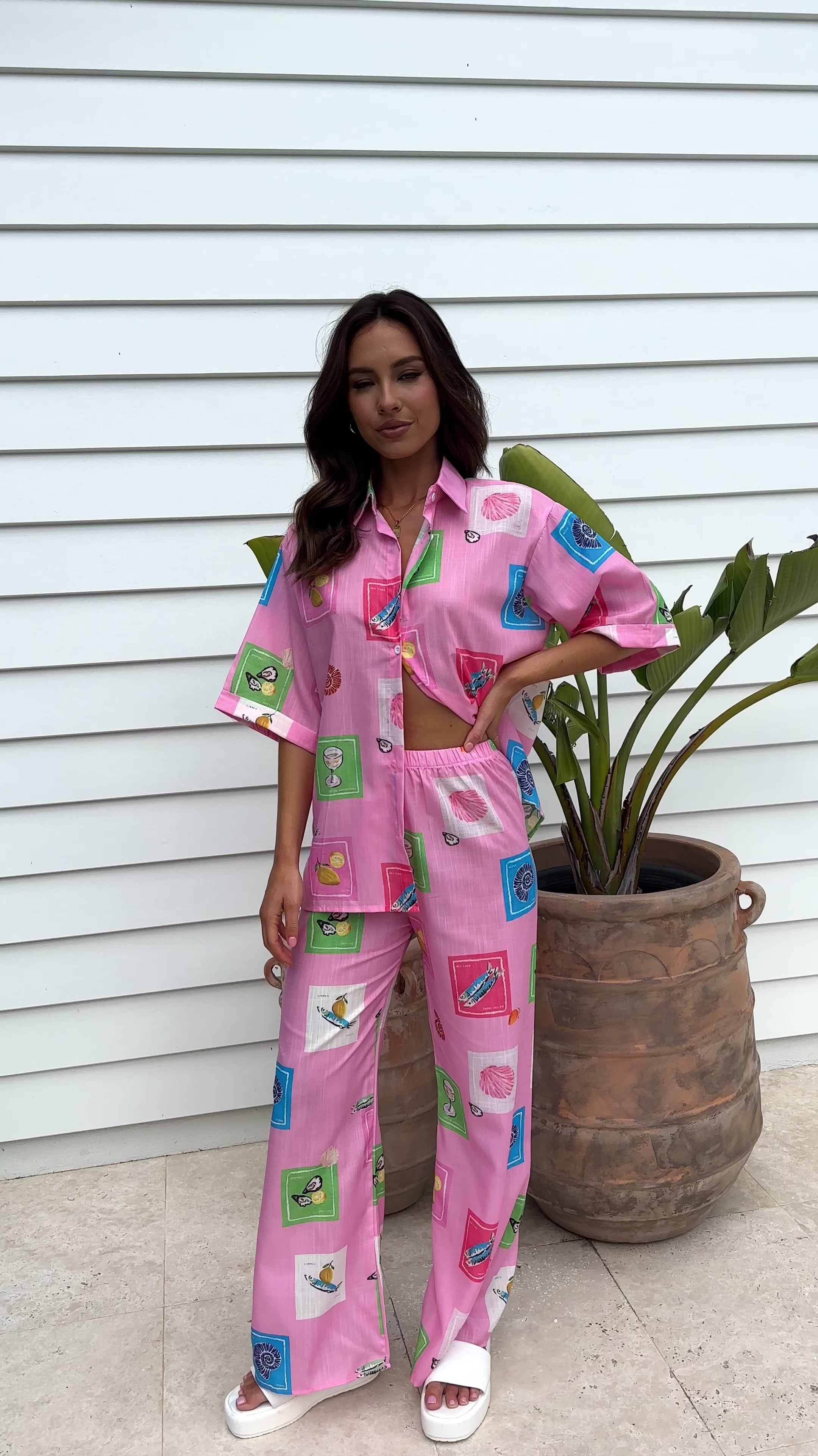 Kourt Button Up Shirt and Pants Set - Pink Stamps Set - Billy J