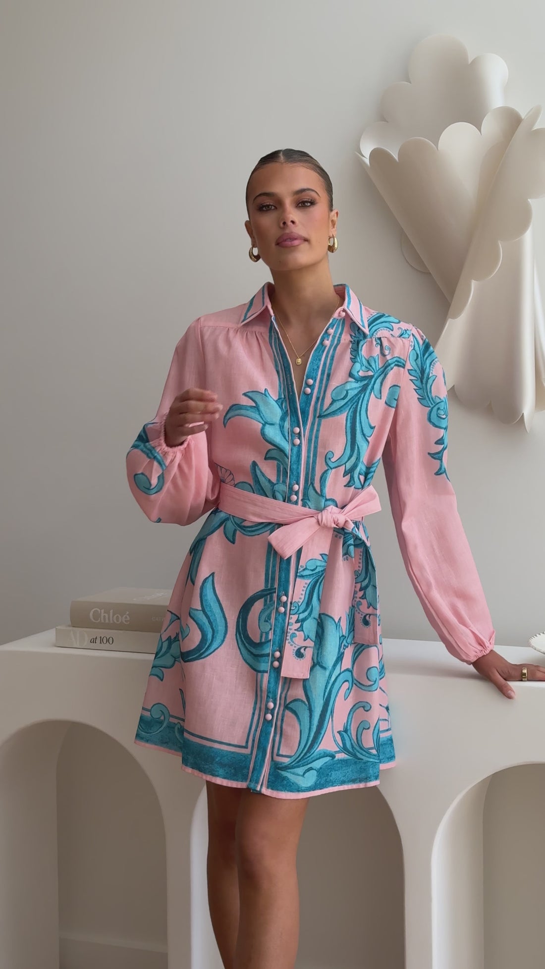 Lucia Long Sleeve Mini Dress - Aqua/Pink Print - Billy J