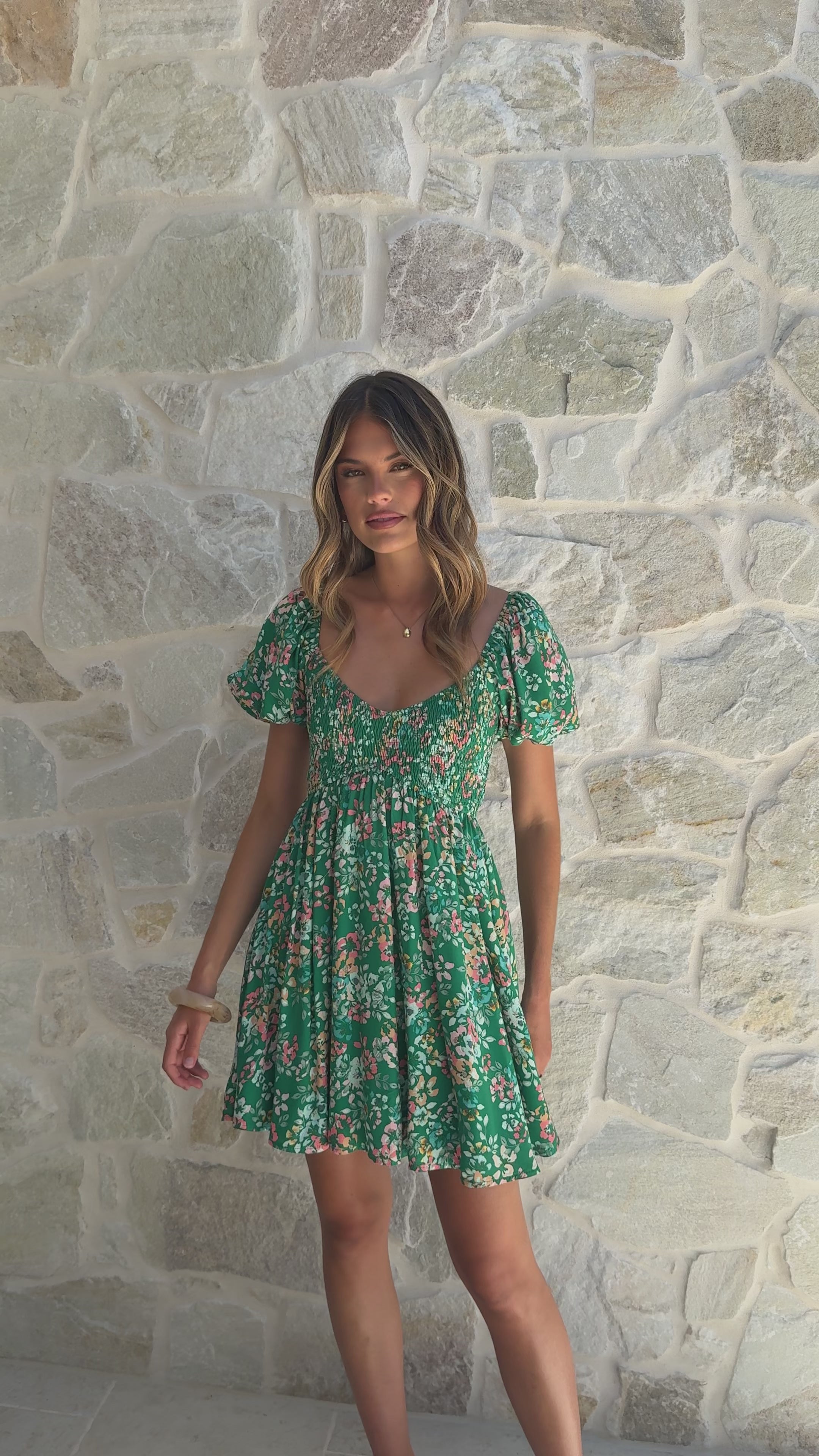 Load video: Sahirah Mini Dress - Green Floral - Billy J