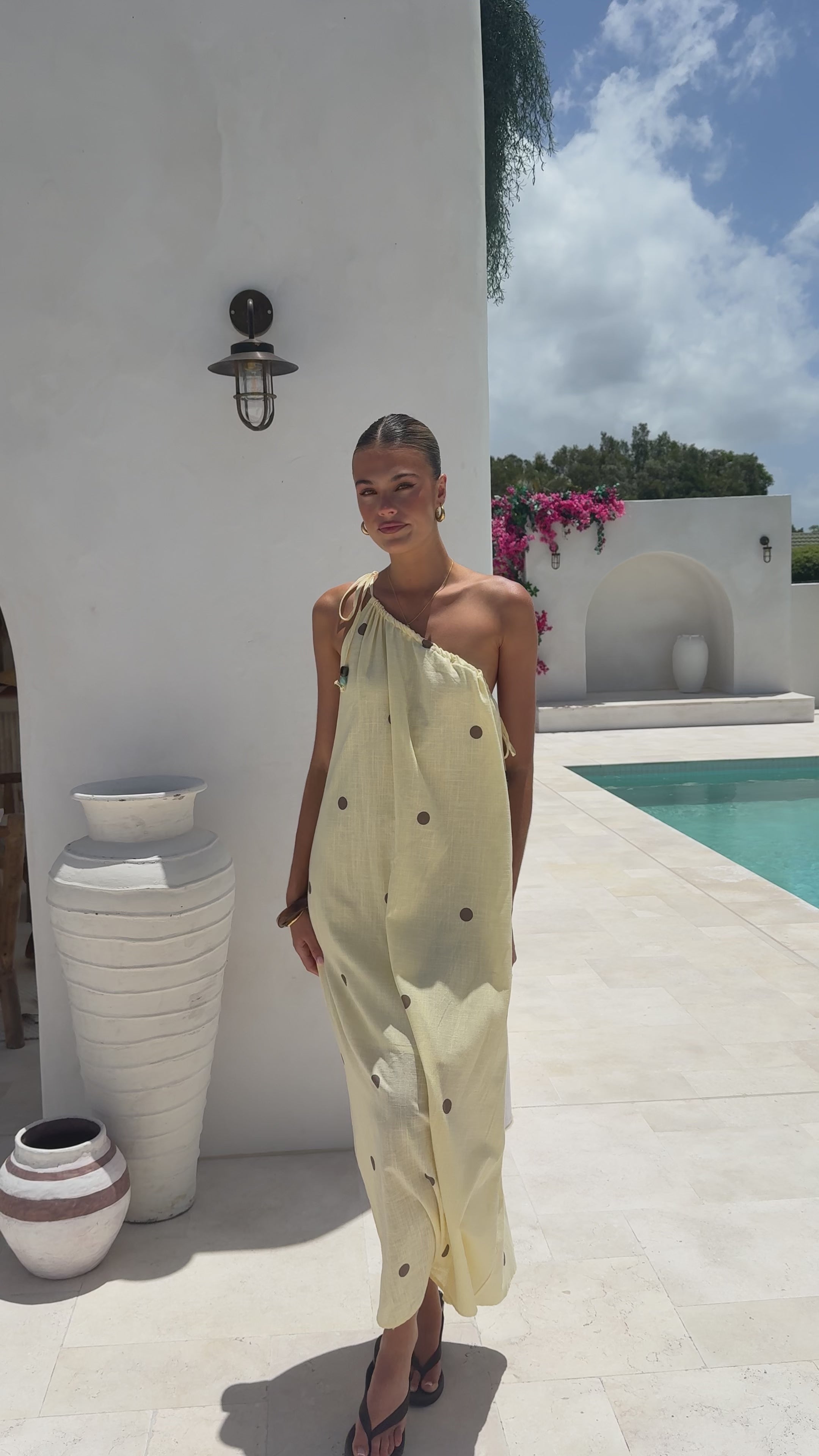 Load video: Nasira One Shoulder Maxi Dress - Yellow/Chocolate Polka - Billy J
