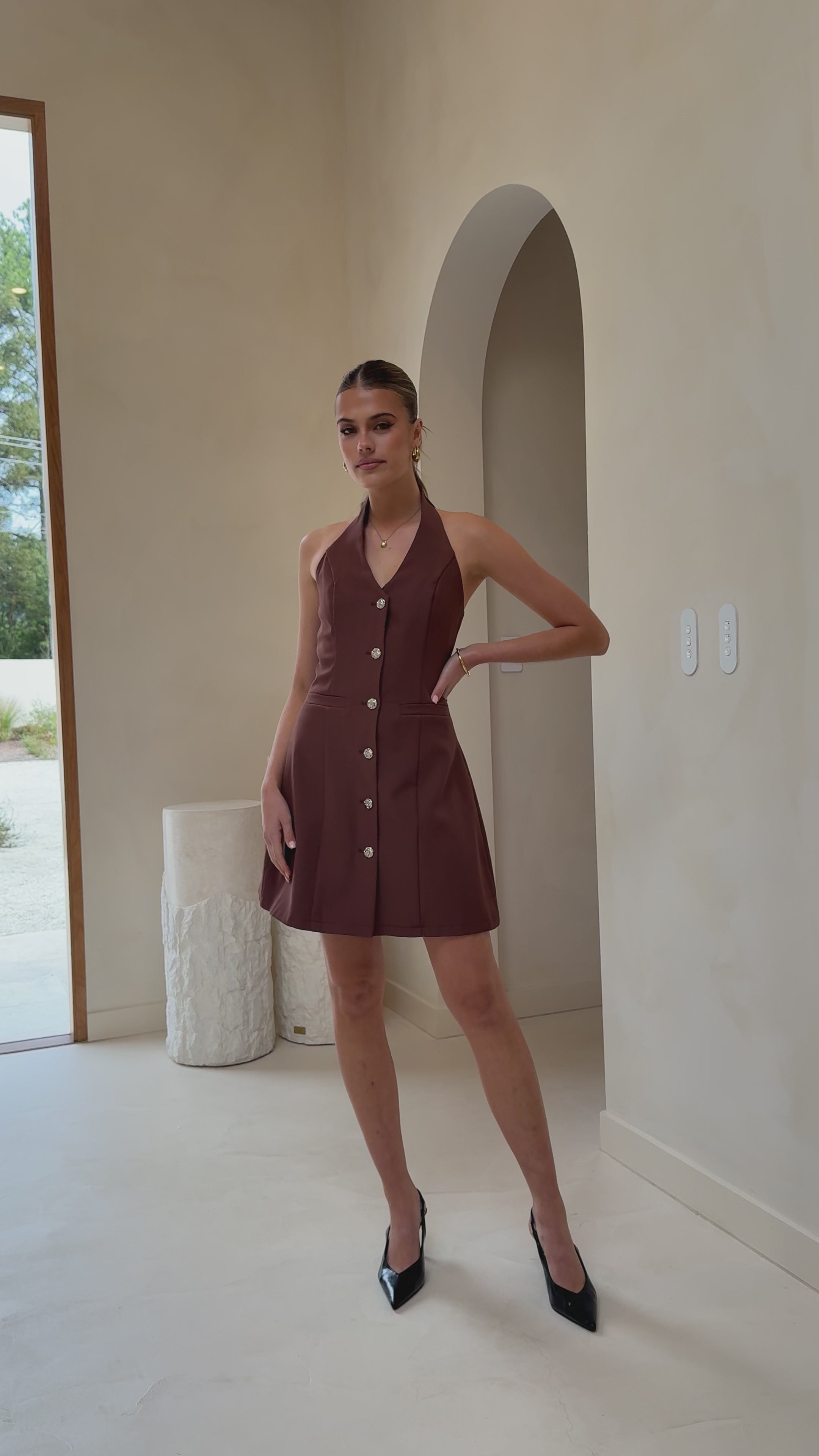 Load video: Maia Halter Neck Mini Dress - Brown - Billy J