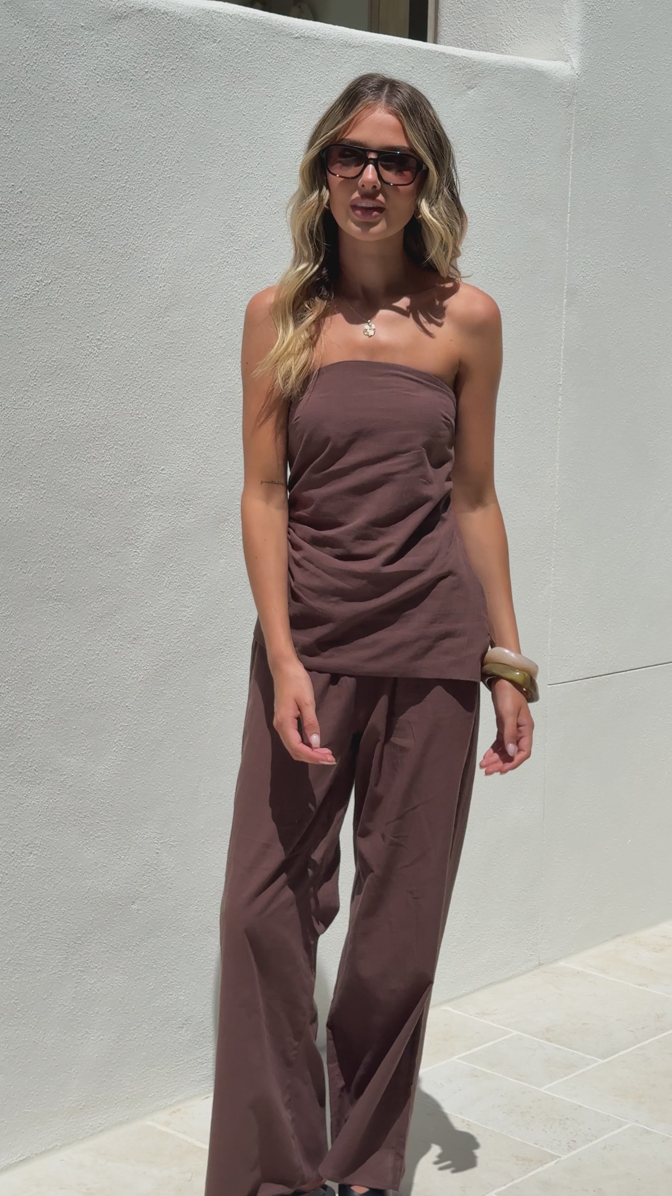 Load video: Yuki Strapless Top and Pants Set - Chocolate - Billy J