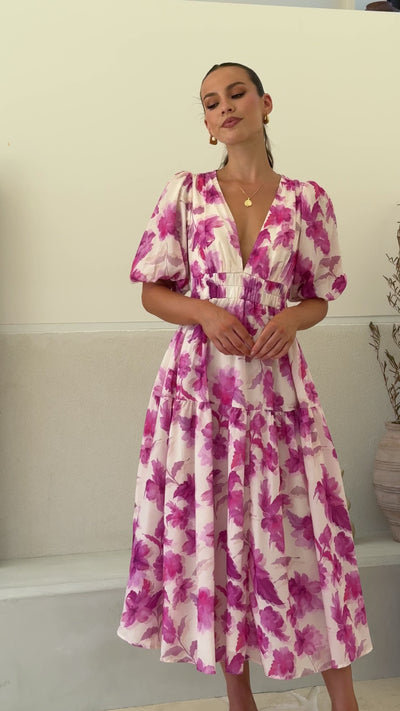 Load and play video in Gallery viewer, Erin Midi Dress - Pink Floral - Billy J
