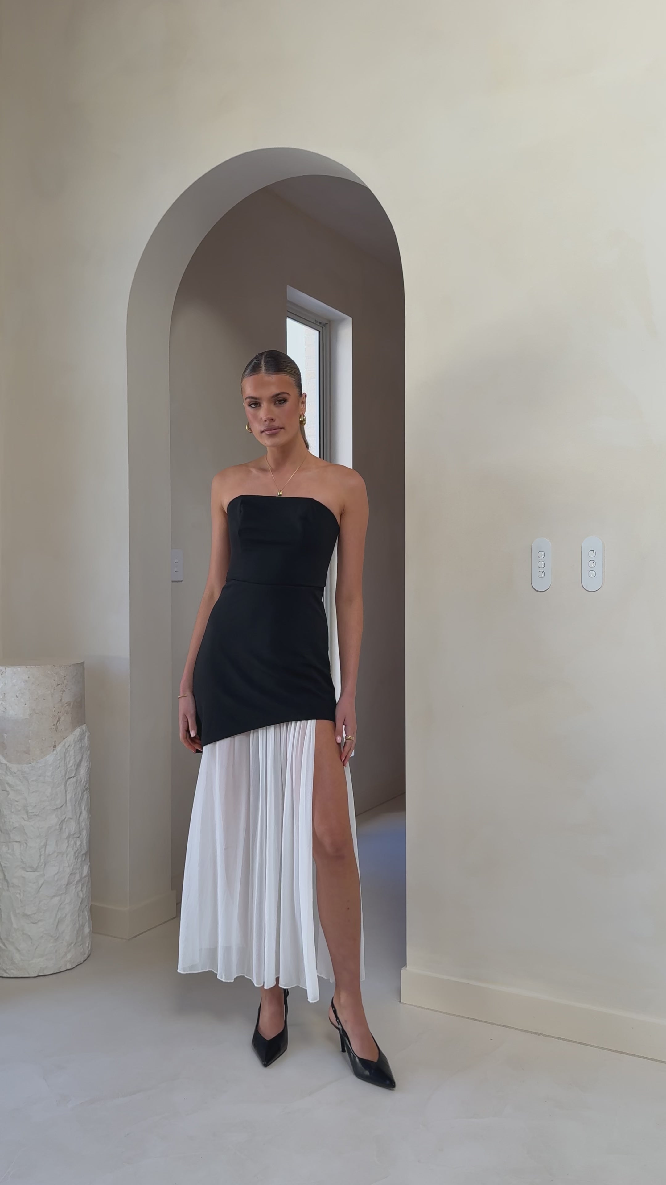 Load video: Fenella Asymmetrical Maxi Dress - Black / White - Billy J