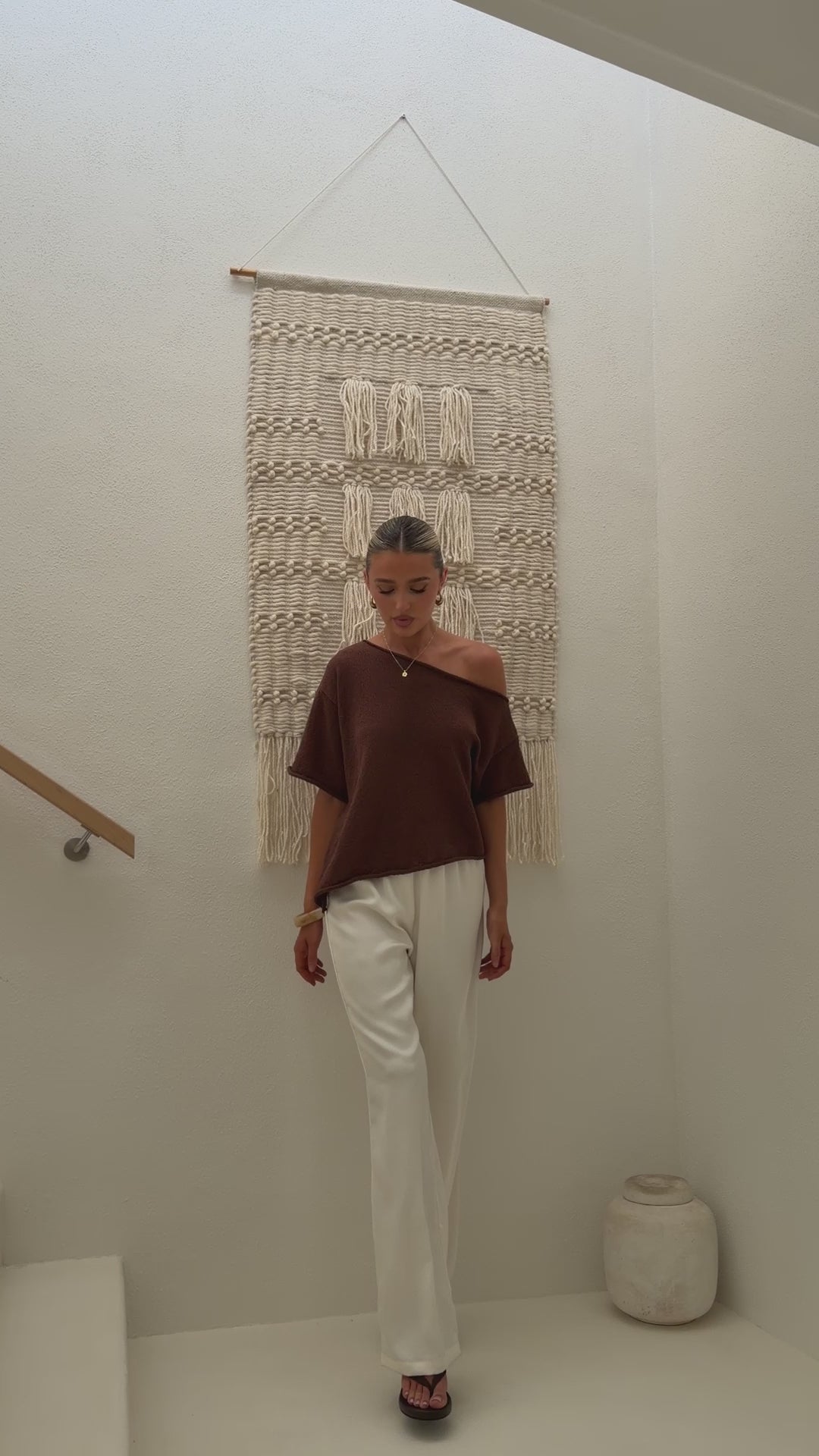 Load video: Blair Off Shoulder Tee - Chocolate - Billy J