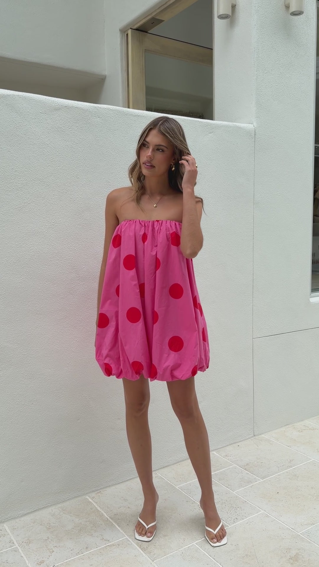 Load video: Everly Strapless Mini Dress - Pink/Red Polka